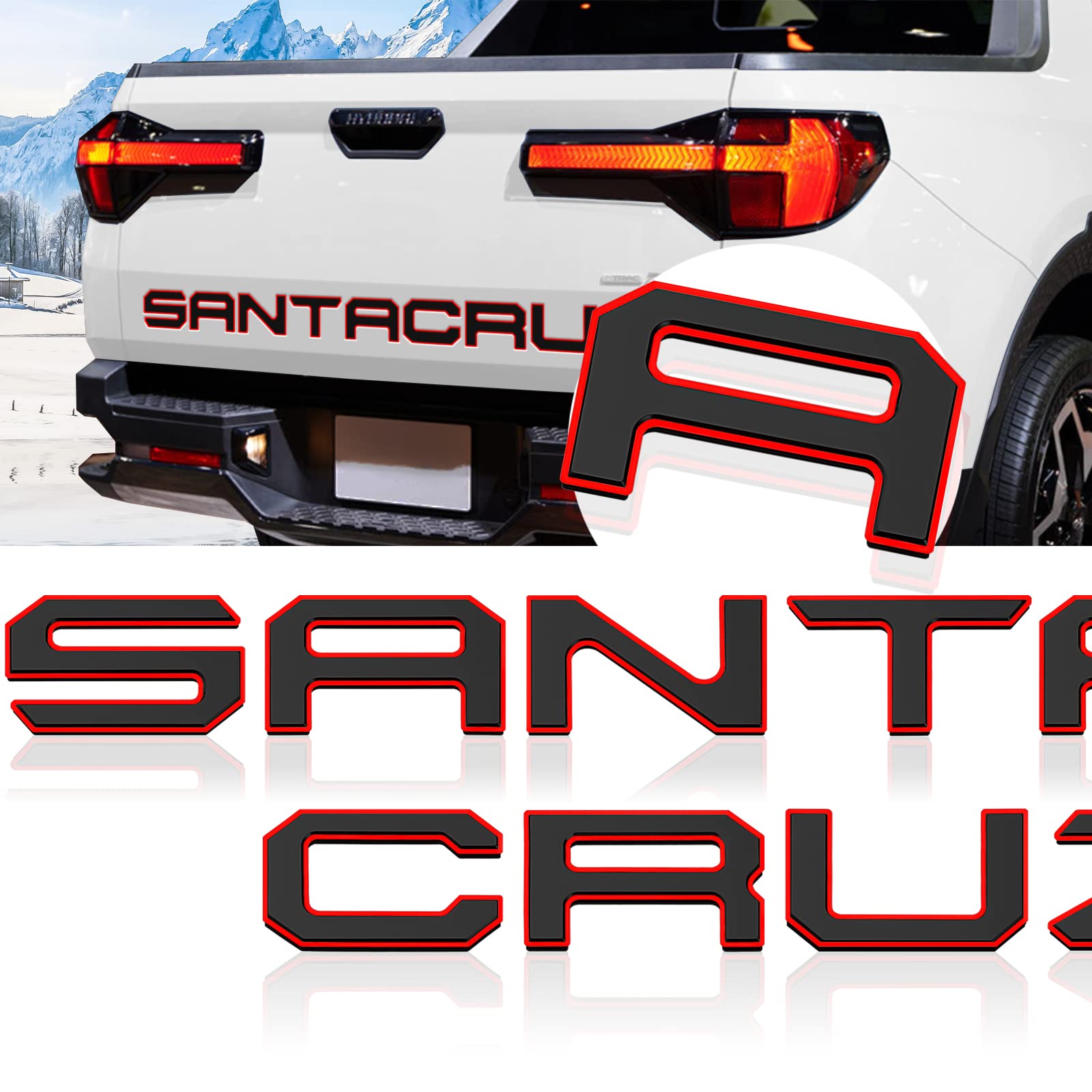 Tailgate Inserts Letters Compatible For 2022 2023 2024 2025 Santa Cruz 3D Raised & Strong Adhesive Decals Letters Rear Emblem Decal Sticker Compatible For Santa Cruz Accessories-Black Red