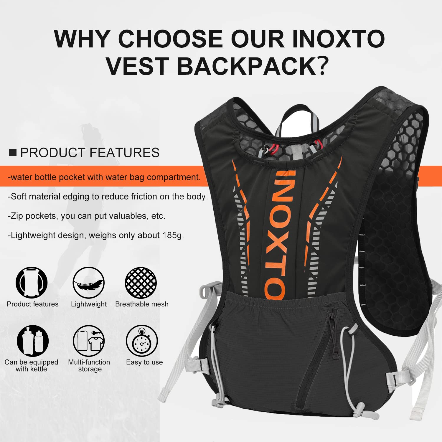 Inoxto Hydration Vest Backpack,Lightweight Insulated Pack With 1.5L Water Bladder Bag Daypack For Hiking Trail Running Cycling Race Marathon For Women Men Kids (Black Orange)