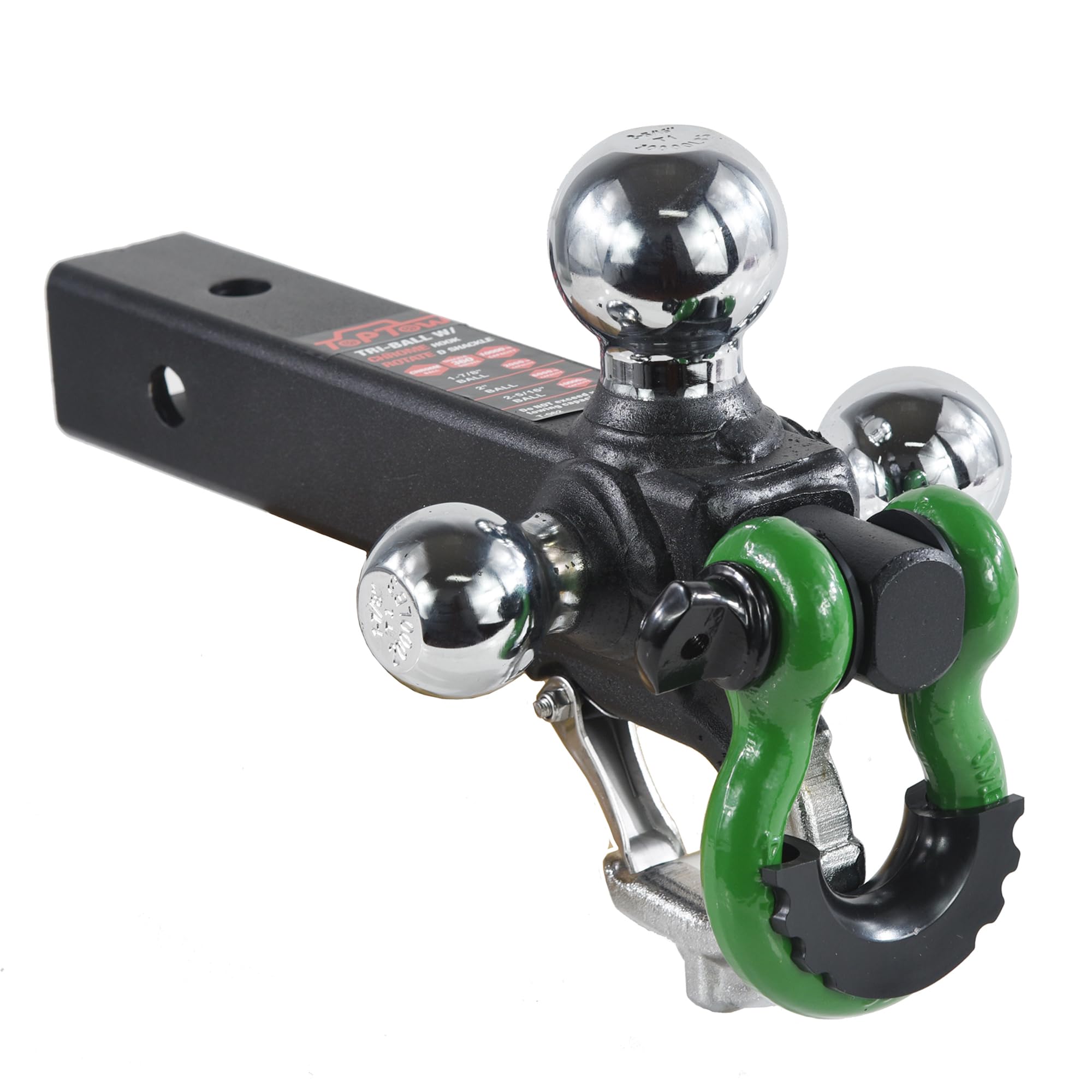 TOPTOW Trailer Hitch with Grey Recovery Shackle Ball Hitch Mount w/Chrome Triple Tow Ball, 2-in Shank, Multi Fit for 2 inch Trai