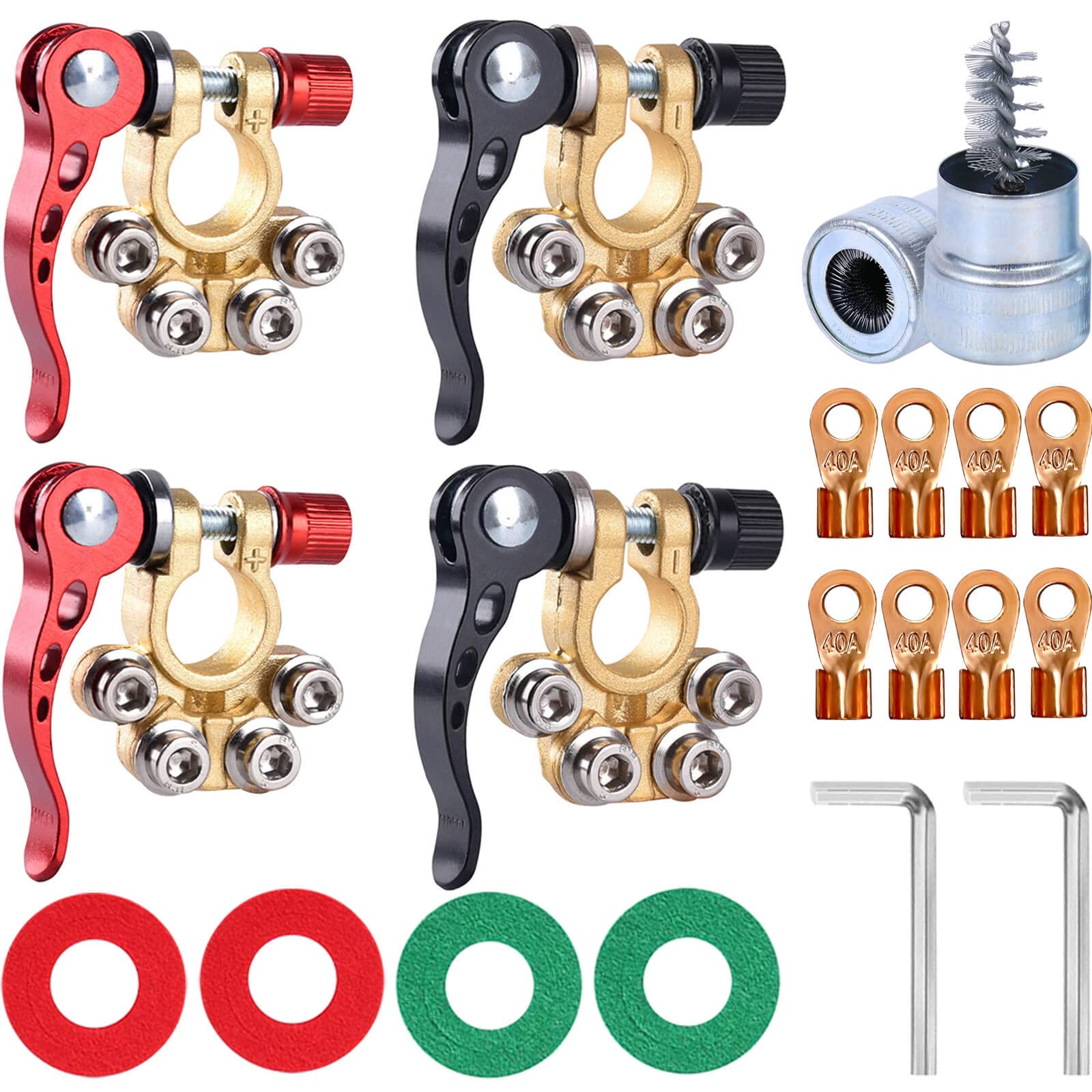 Sunmorn Battery Terminal Connectors 4 Pieces, Battery Terminal Cleaner, Copper Wire Lugs, Fiber Washers, Hex Wrench, Battery Ter