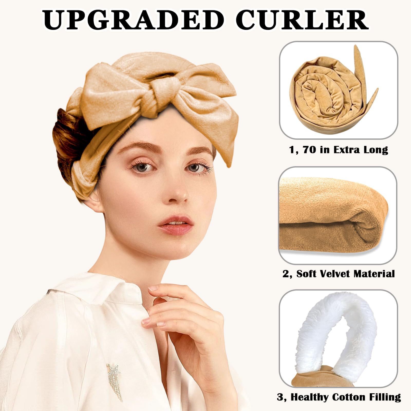 Gwabee 70'' Soft Hair Curlers For Overnight Curls - No Heat Curl Wrap With 9 Rods For Long Hair, Khaki