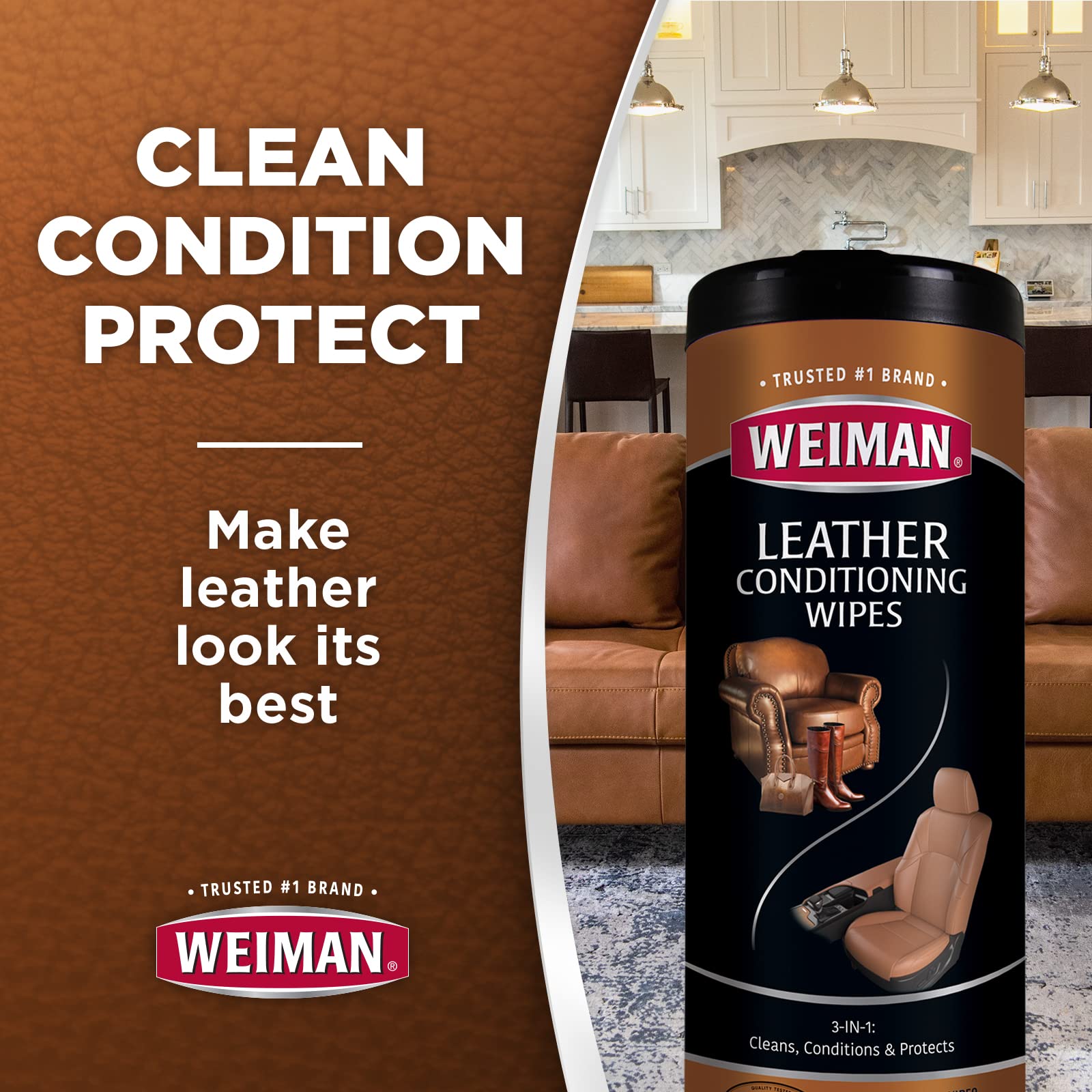 Weiman Leather Wipes - 2 Pack - Clean Condition Uv Protection Help Prevent Cracking Or Fading Of Leather Furniture, Car Seats & Interior, Shoes And More