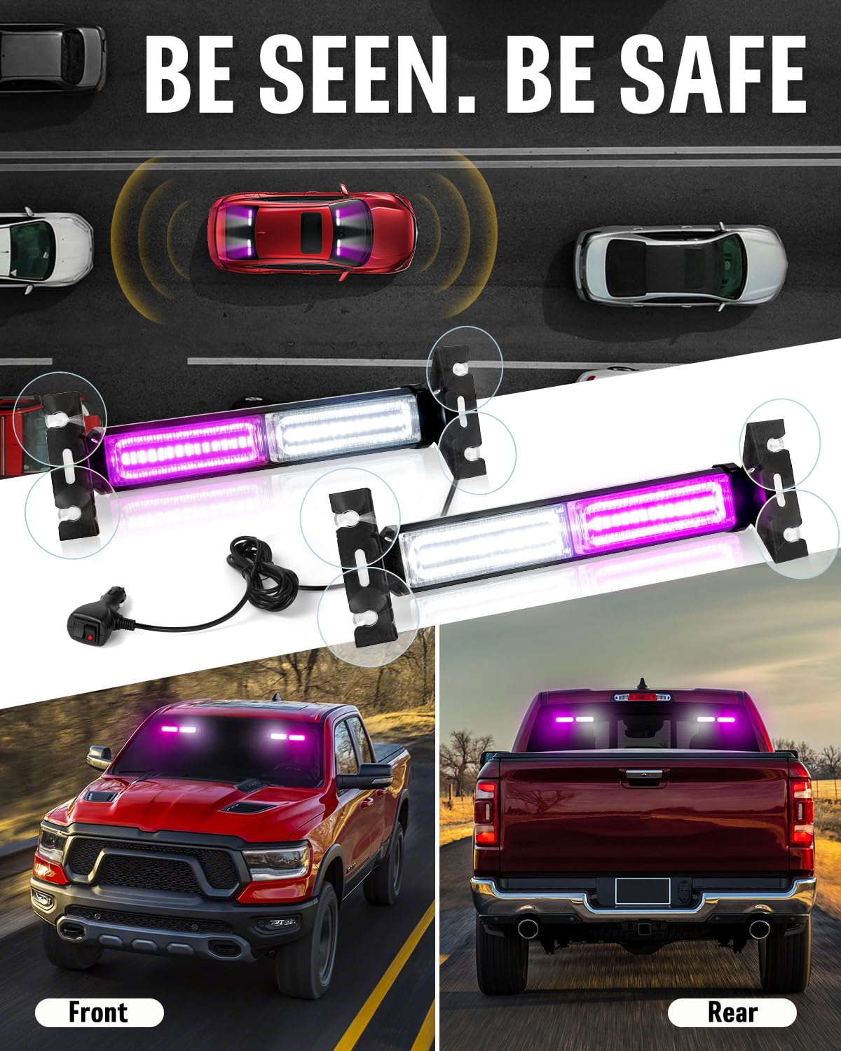 Hlauto 1002L Emergency Strobe Traffic Advisor Light Bar: 40 Led Dash Safety Warning Flashing Light, Front/Rear Windshield For Co