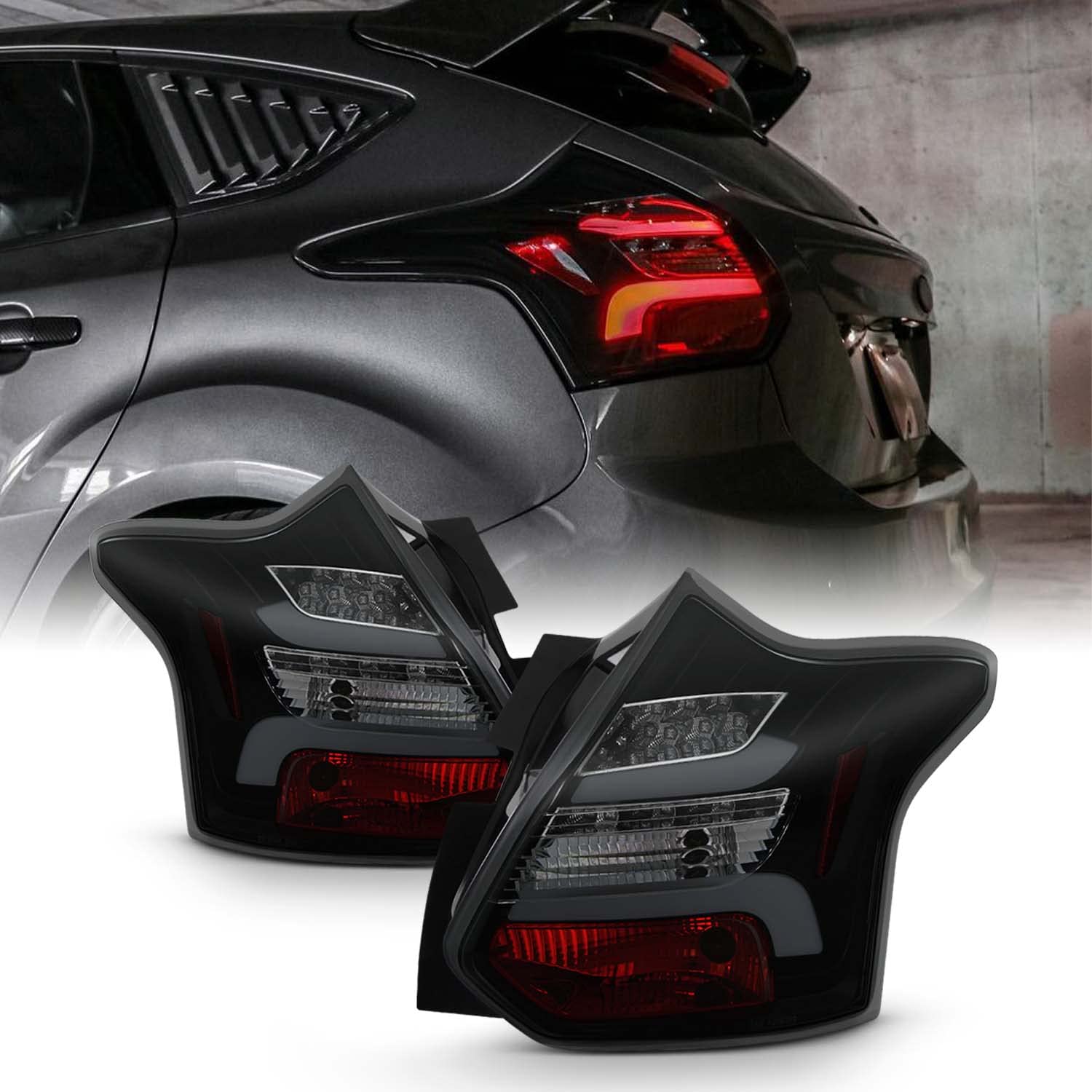 Akkon - Black Smoked For 2012-2014 Ford Focus Hatchback [Sequential] Led Tube Tail Lights Brake Lamps Left+Right