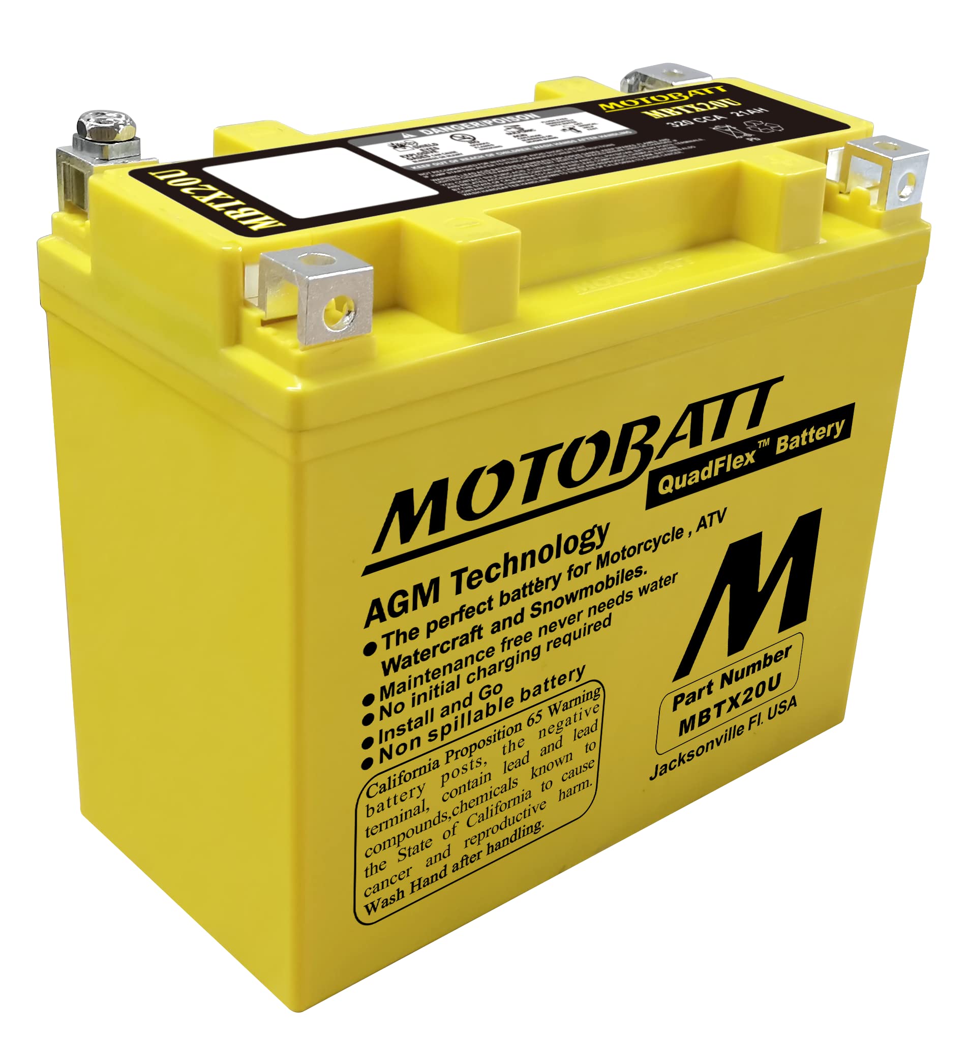 MotoBatt MBTX20U (12V 21 Amp) 280CCA Factory Activated Maintenance Free QuadFlex AGM Battery