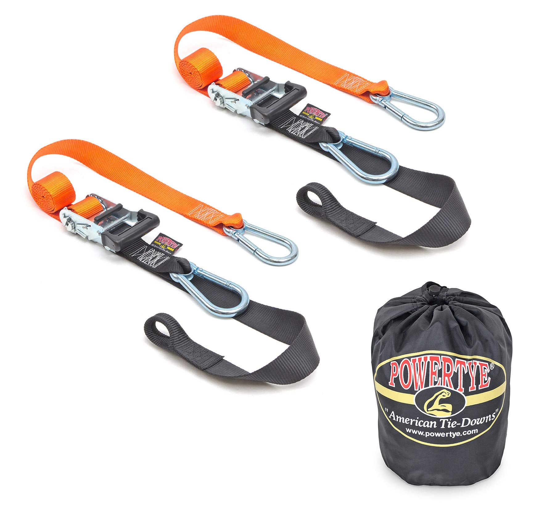 Powertye 1.5In X 6.5Ft Heavy Duty Ratchet Tie-Down Straps With Soft-Tye, Carabiner Hooks - 1,000 Lb Working Load Limit / 3,000 Lb Breaking Strength - Made In Usa - Orange/Black Pair + Storage Bag