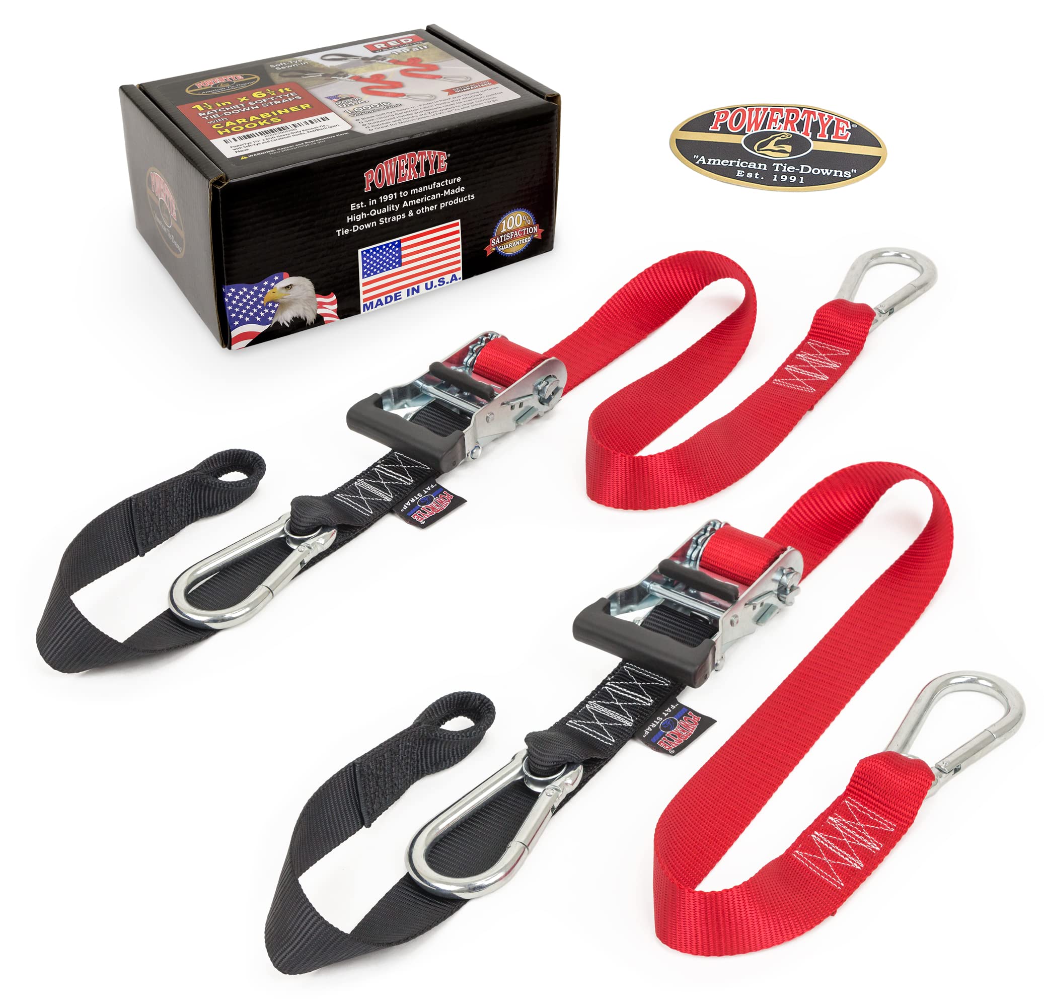 Powertye 1.5In X 6.5Ft Heavy Duty Ratchet Tie-Down Straps With Soft-Tye And Carabiner Hooks - 1,000 Lb Working Load Limit / 3,000 Lb Breaking Strength - Made In Usa - Red/Black Pair