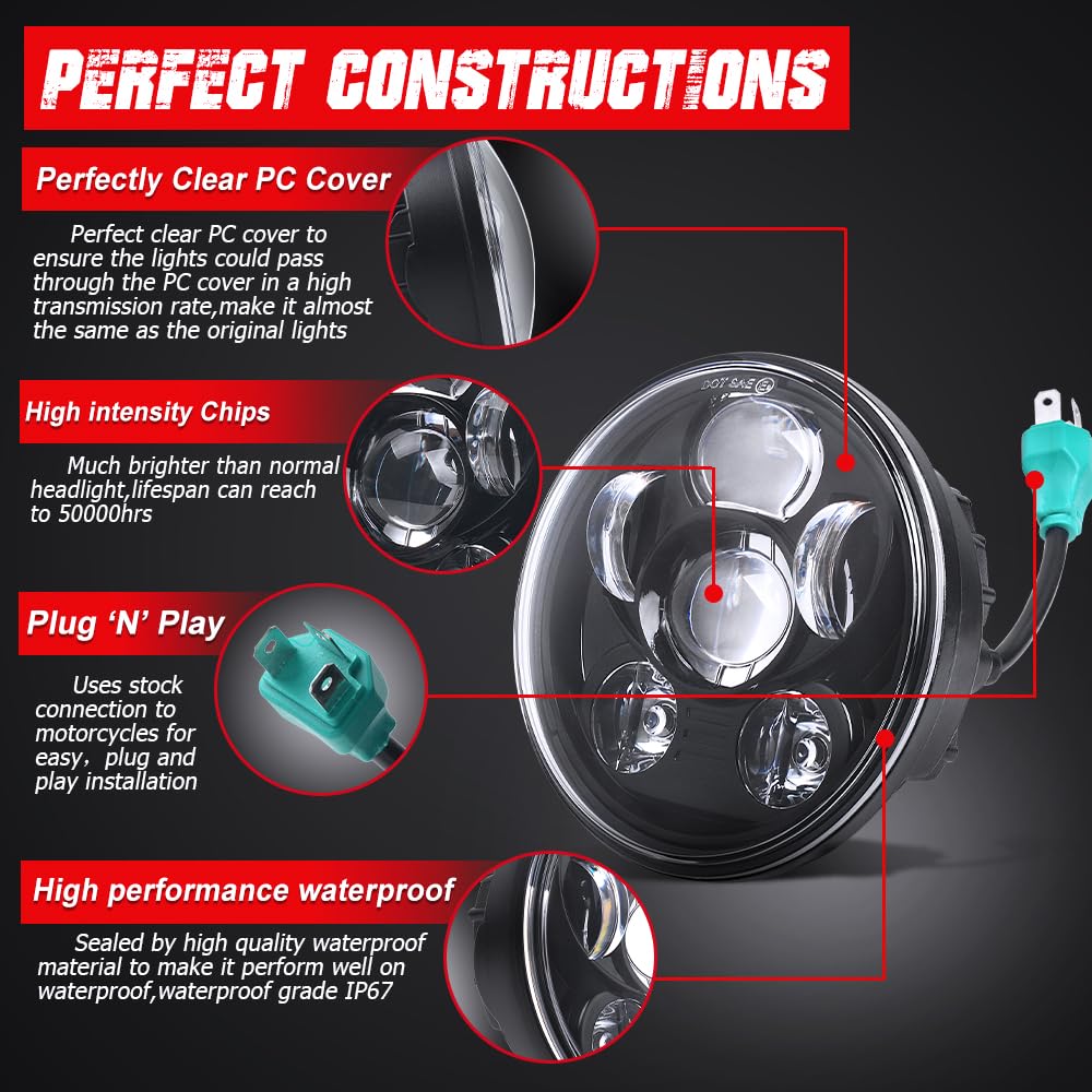 Tugwuetlwu 5-3/4 5.75 Inch LED Motorcycle Headlight Compatible with Harley Davidson Sportster Dyna Street Bob Low Rider Wide Gli