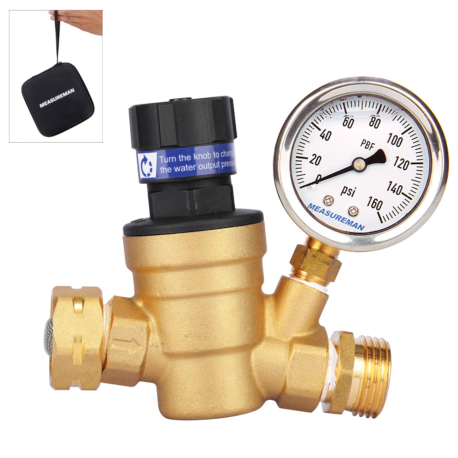 Measureman Handle Adjustable Brass Lead-Free Rv Pressure Regulator, Pressure Reducer With Liquid Filled Pressure Gauge 160Psi An