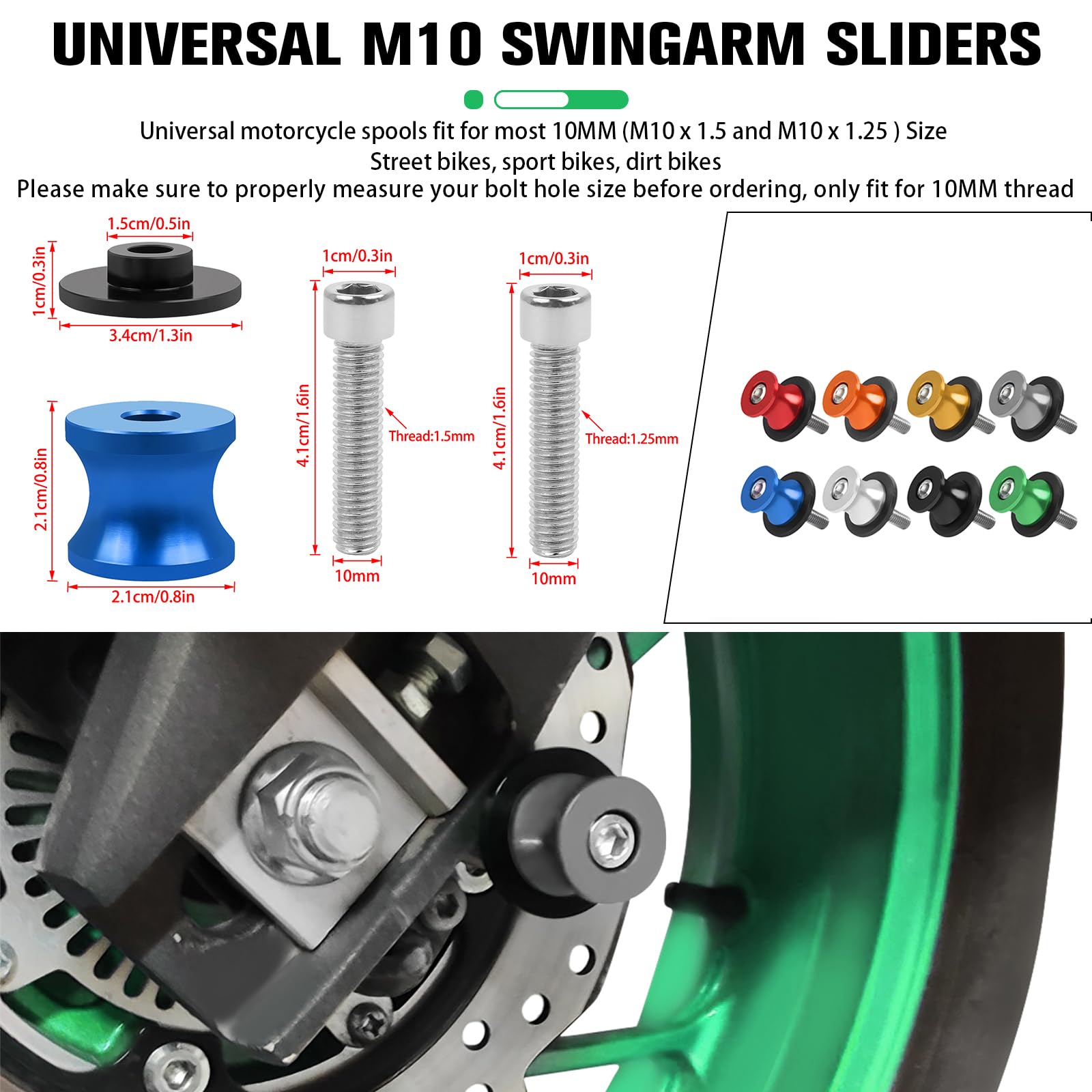 CHIFUN 2Pcs 10MM M10 X1.5/1.25 Motorcycle Swing Arm Spools Sliders CNC Aluminum Swingarm Spools Stand Screw Compatible with VULC