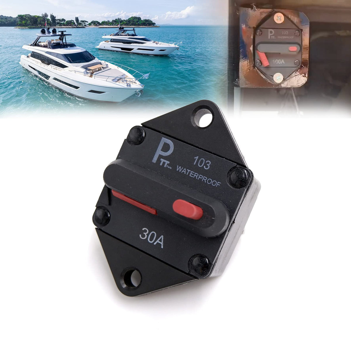 Arts Ptt Hi-Amp Circuit Breaker T3 With Manual Thermal Reset, Water Proof,Resistant Ip 67,Extended Face Parallel Bolt Mount 1/4' For Marine Rv Truck Boat Marin (Panel Mount, 30A)