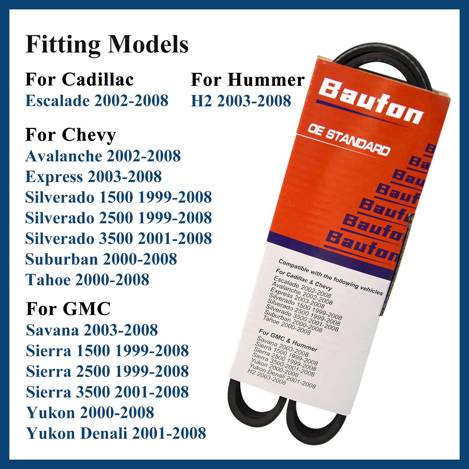 12576447 Ac Belt For Chevy Tahoe Suburban Silverado Avalanche Express, Cadillac Escalade, Gmc Savana Sierra 1500 2500 3500 Yukon Denali, Hummer H2 Air Conditioning Conditioner Belt