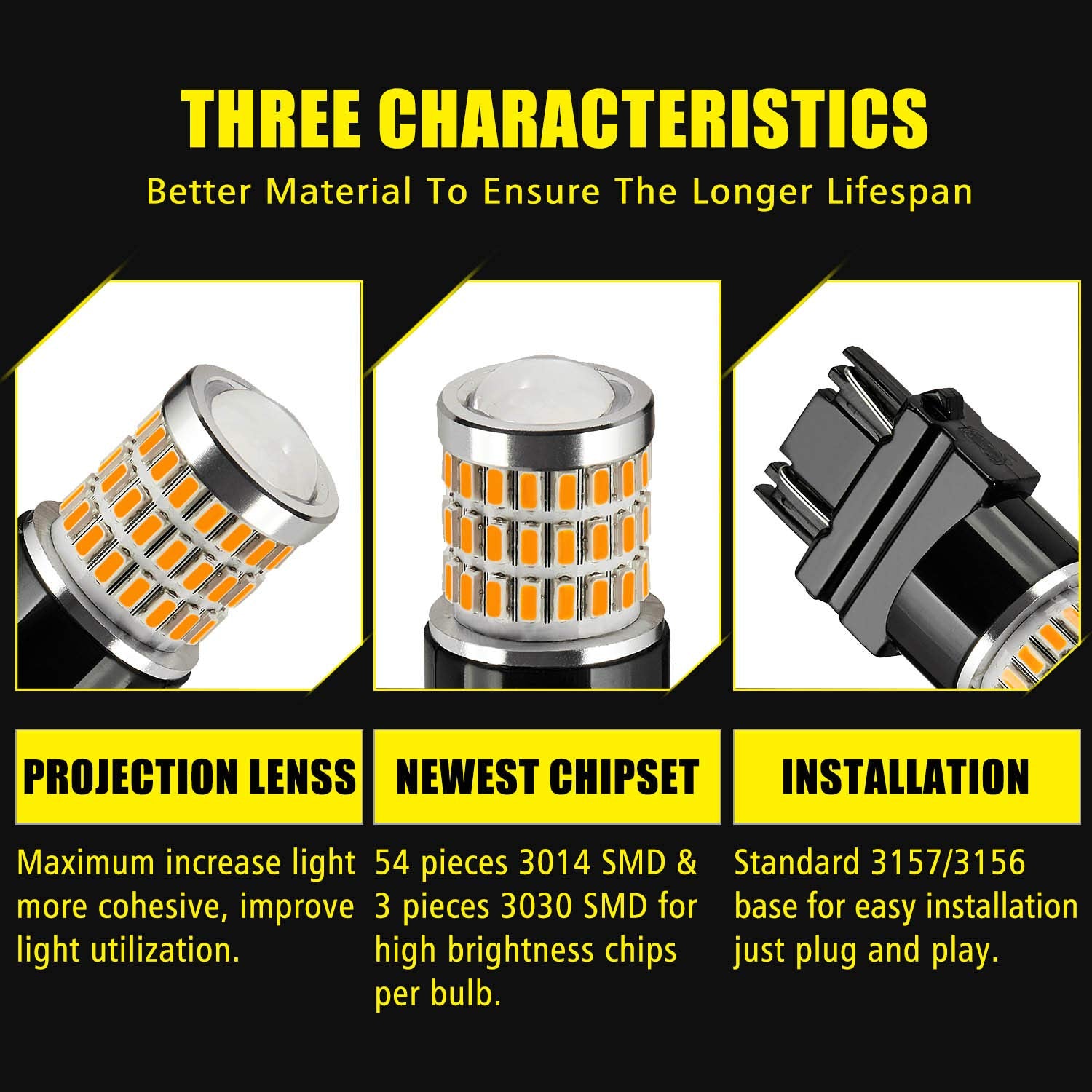 Auxlight 3157 3156 4157 3057 3357 Led Bulbs, Ultra Bright 57-Smd Led Replacement For Turn Signal Blinker Lights, Brake/Tail Lights, Parking/Running Lights, Amber Yellow (Pack Of 2)