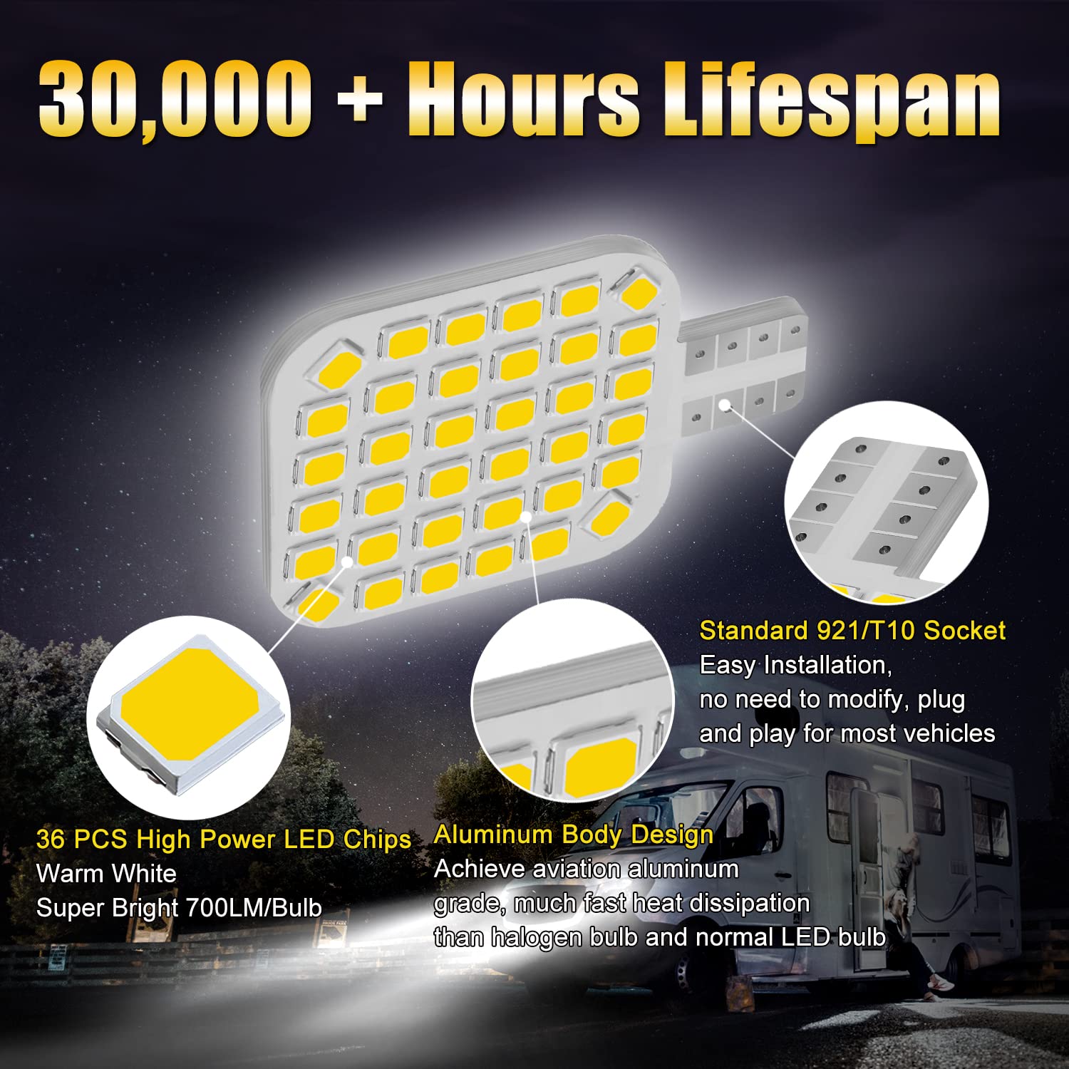 Brishine 20Pcs 921 Interior Led Light Bulbs For Rv, Super Bright 36-Smd Warm White 922 912 Led Bulbs Replacement For Camper Trai