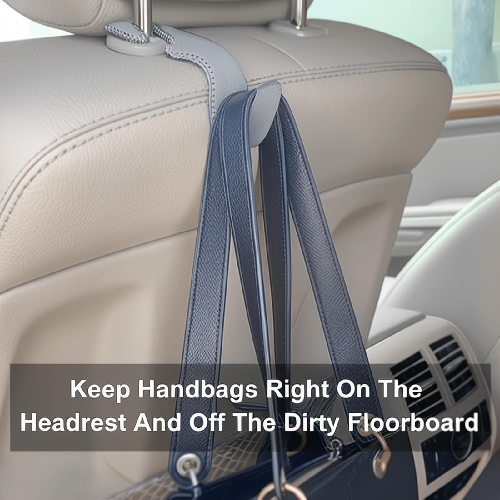 Eldhus Car Seat Hooks For Purses And Bags, 4 Pack Car Purse Holder For Grocery Bag Handbag Clothes, Metal Headrest Hooks Covered