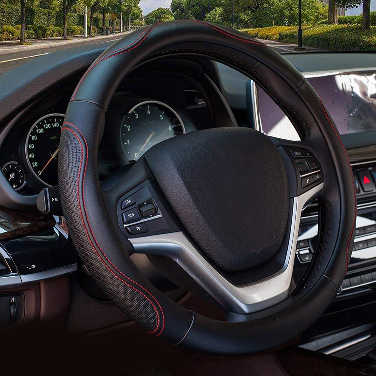 Valleycomfy Leather Steering Wheel Covers Universal 15 Inch -Breathable, Anti Slip & Odor Free (Black With Red Lines,M(14'' 1/2-