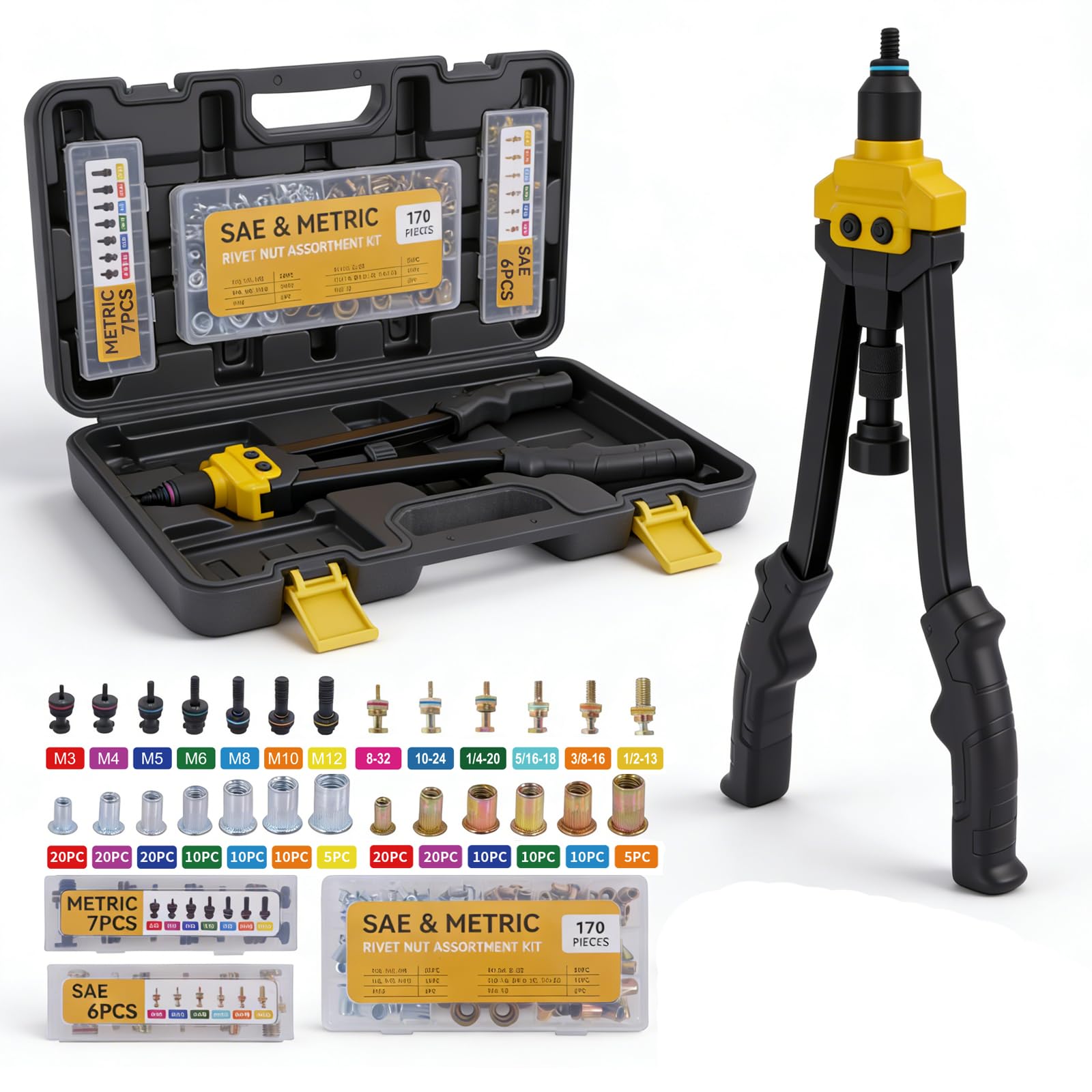 CXPRO Rivet Nut Tool Kit, 16 Rivnut Tool Kit with 13 Metric and SAE Mandrels, 170-PCS Rivet Nut Assortment Kit, Rugged Carrying 