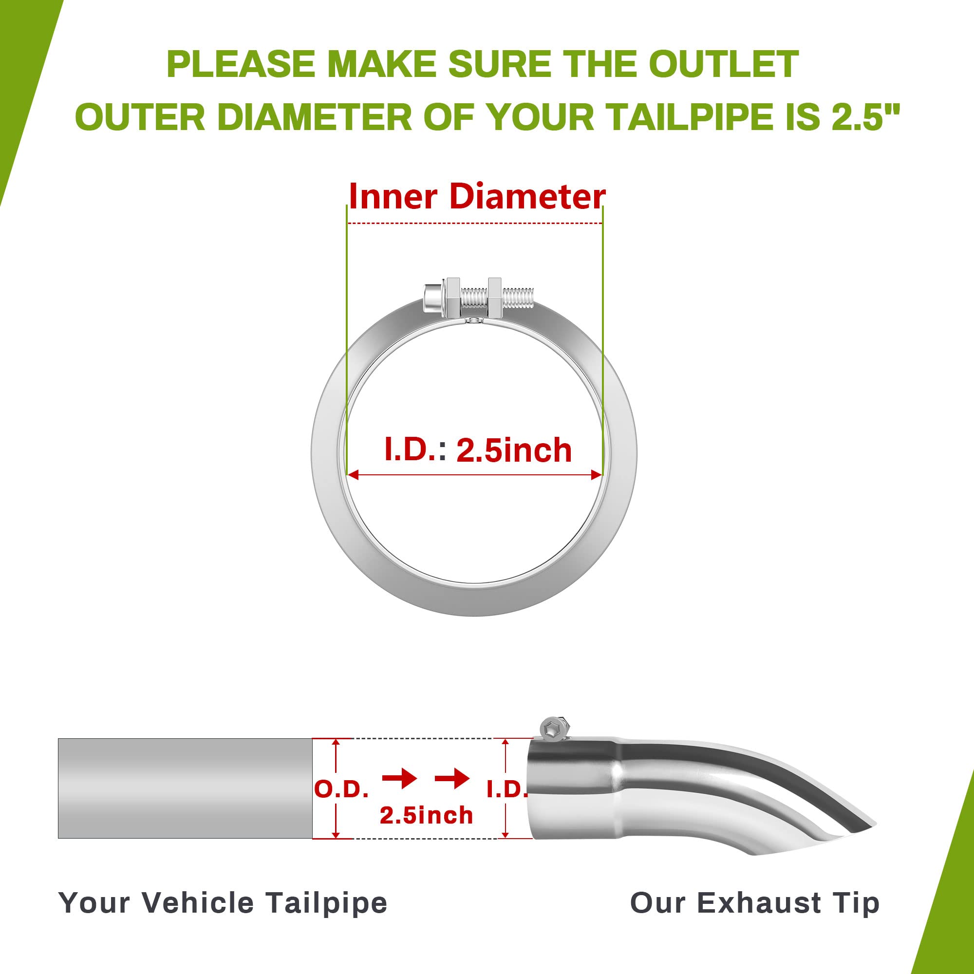 Autosaver88 2.5 Inch Inlet Exhaust Tip, 2.5'' Inlet 2.5'' Outlet 9'' Long Stainless Steel Turn Down Tailpipe Tip, Chrome-Plated