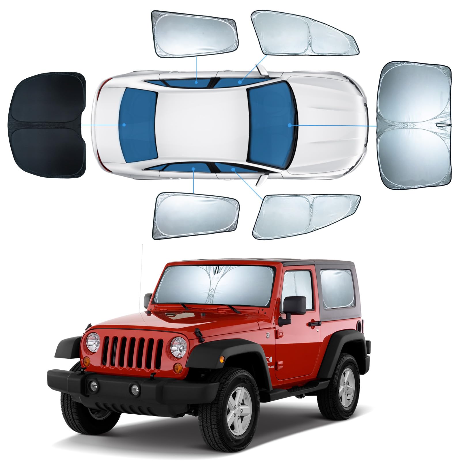 6 PCS Sun Shades for Jeep Wrangler JL JLU & JT 2Doors Windshield Sunshade, 2-Layer Full Window Shades for Wrangler 2018-2025 Fro