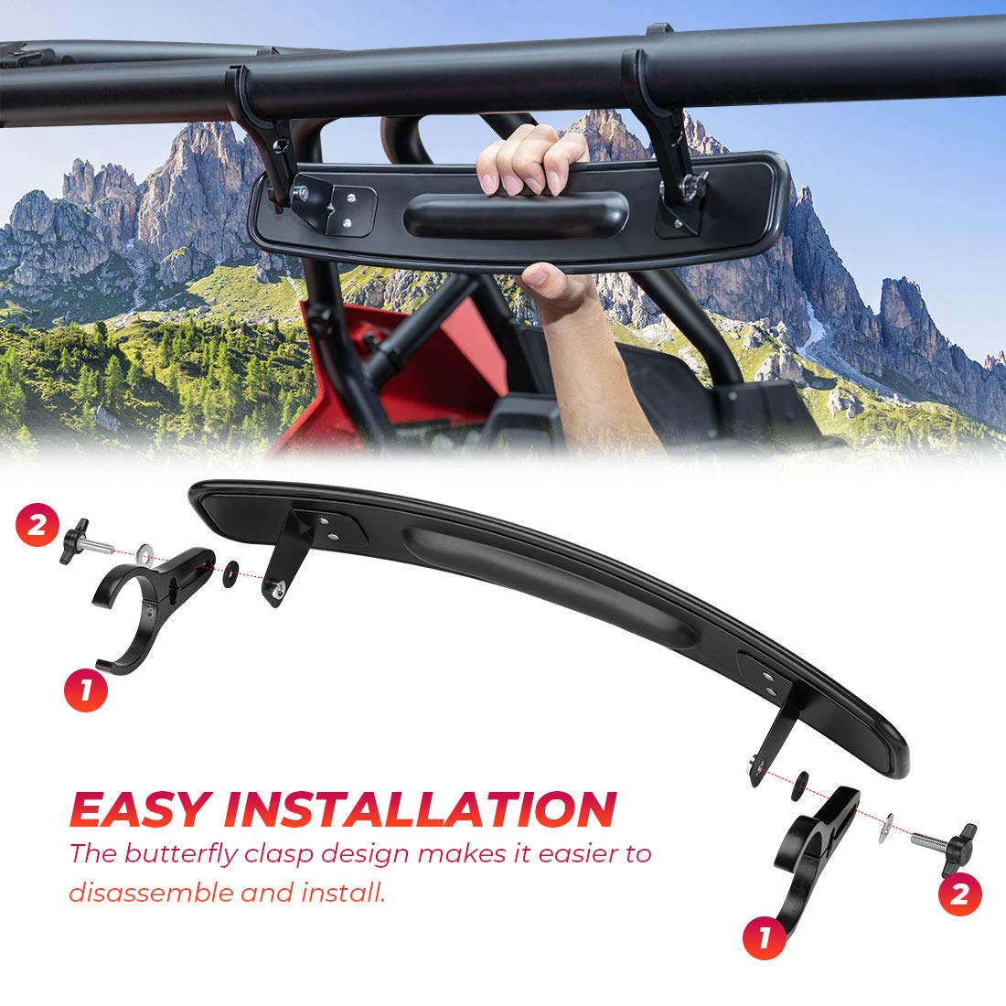 Kemimoto 17 Utv Rear View Center Mirror, Utv Race Mirror With 3/4 1.75 Or 2 Clamps Compatible With Polaris Rzr, Pioneer, Can-Am Commander Maverick, Talon 1000R 1000X, Mule