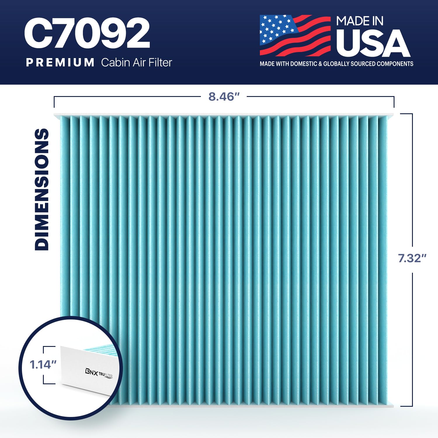 Bnx Trufilter C7092 Cabin Air Filter, Hepa 99.97%, Made In Usa, Compatible With Subaru Crosstrek, Ascent, Impreza, Legacy, Outba