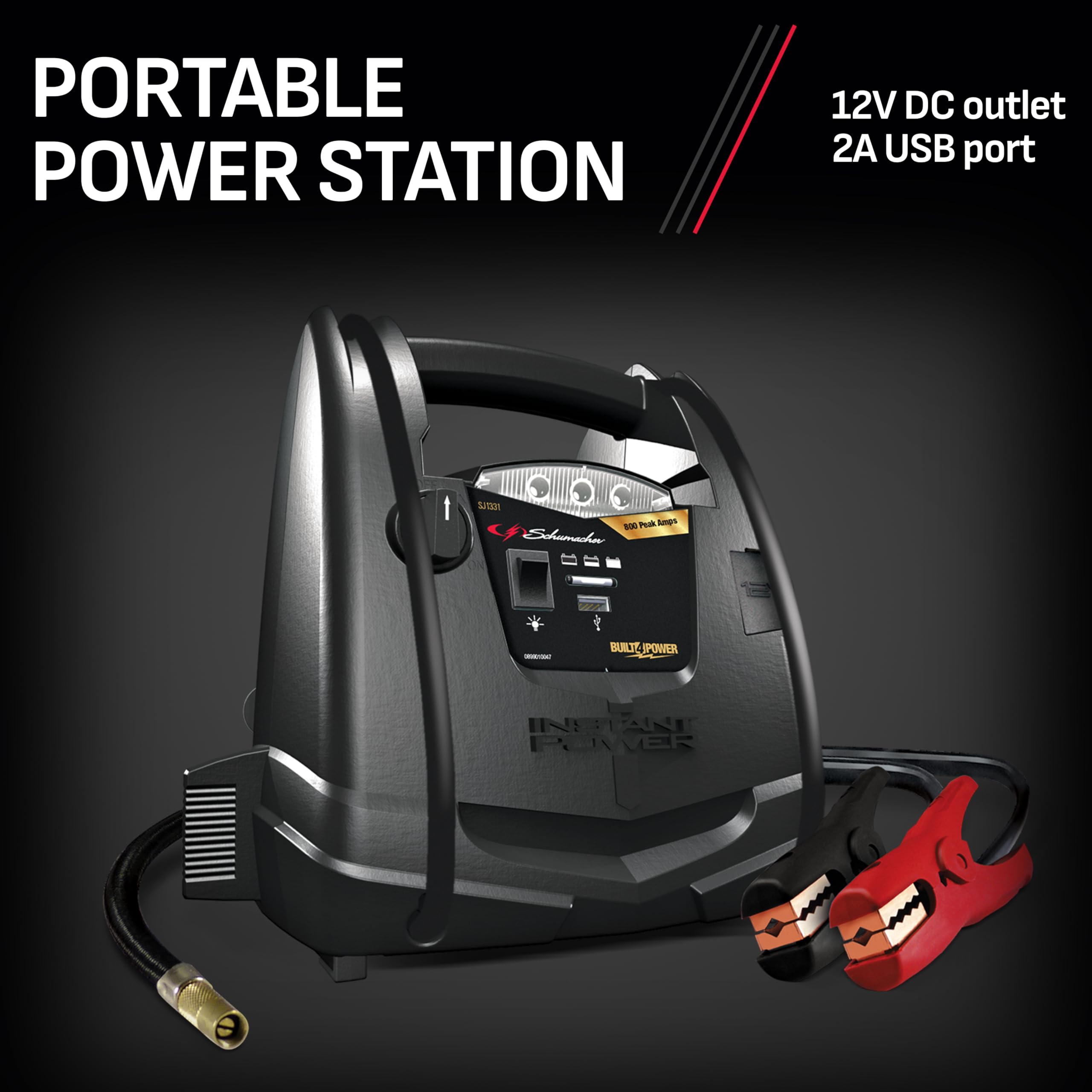 Schumacher Sj1331 Rechargeable Agm Jump Starter For Gas Diesel Vehicles - 800 Amps With Air Compressor And 12V Dc/Usb Power Station