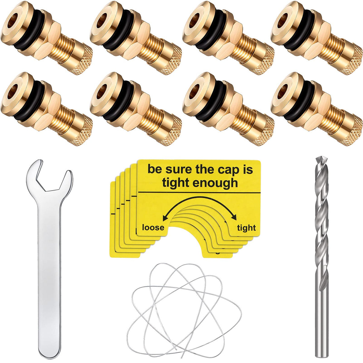 19 Pieces Fuel Gas Can Vent Caps 8 Pieces Fuel Gas Tank Vent Caps Gas Can Replacement Vent Plug Metal Gas Jug Vent Caps With Drill, Wire, Wrench And Warning Stickers For Gas Fuel Can (Yellow)