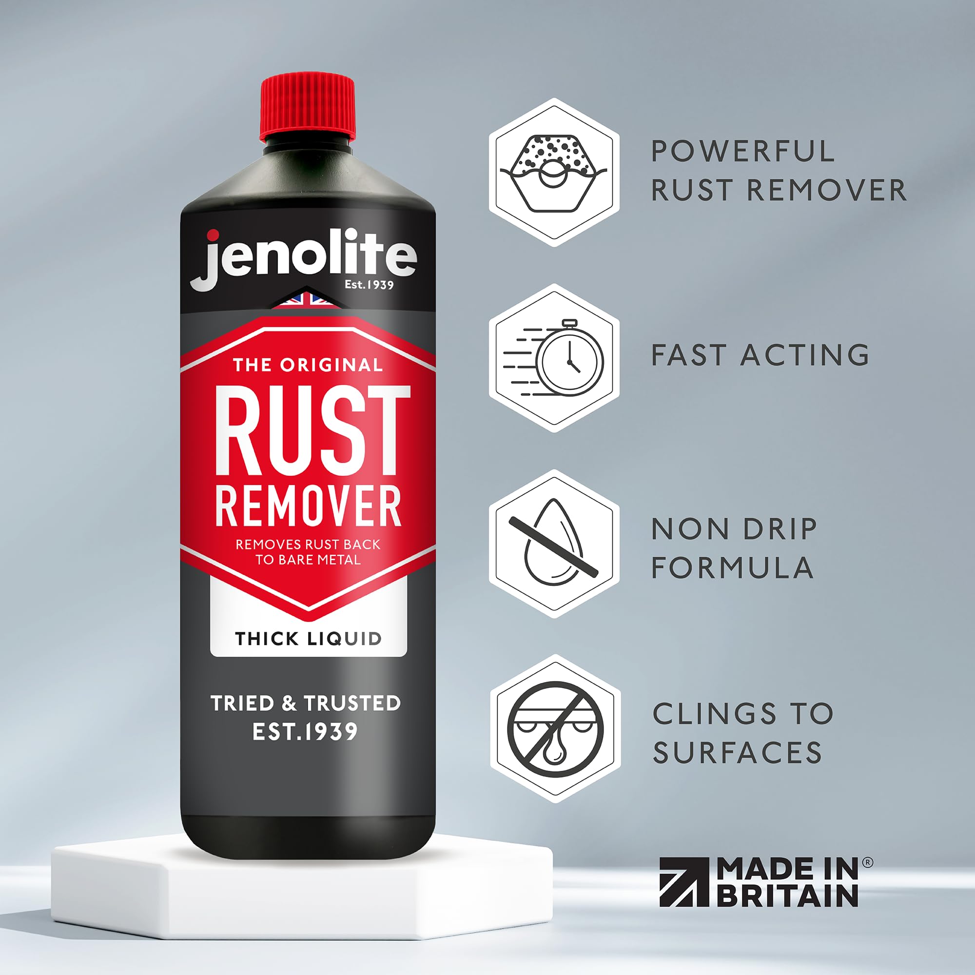 Jenolite Rust Remover For Metal - Fast Acting No Drip Thick Liquid - Industrial Strength, Removes Rust Back To Bare Metal - 34 O