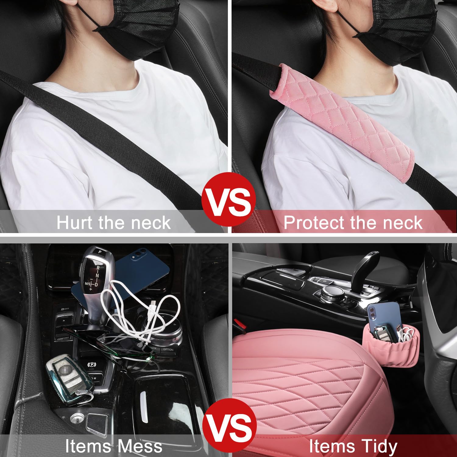 Beitk 2 Pack Leather Front Car Seat Covers, Universal Sideless Car Seat Protectors With Storage Pocket And Seat Belt Pads, Waterproof Automotive Seat Cover For Cars Trucks Suv(Pink)