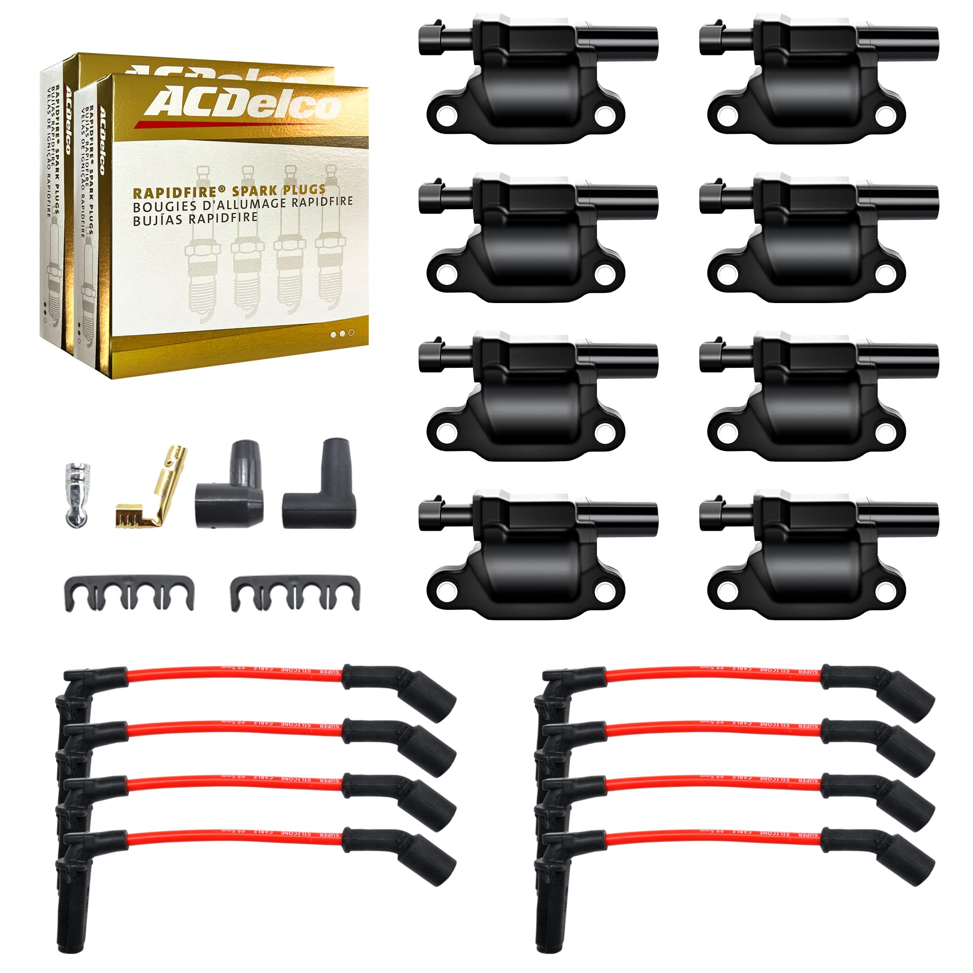 MAS Set of 8 Ignition Coils Pack&Platinum Spark Plugs&Wires Compatible with Chevrolet GMC Cadillac Camaro Express Impala CTS Ava
