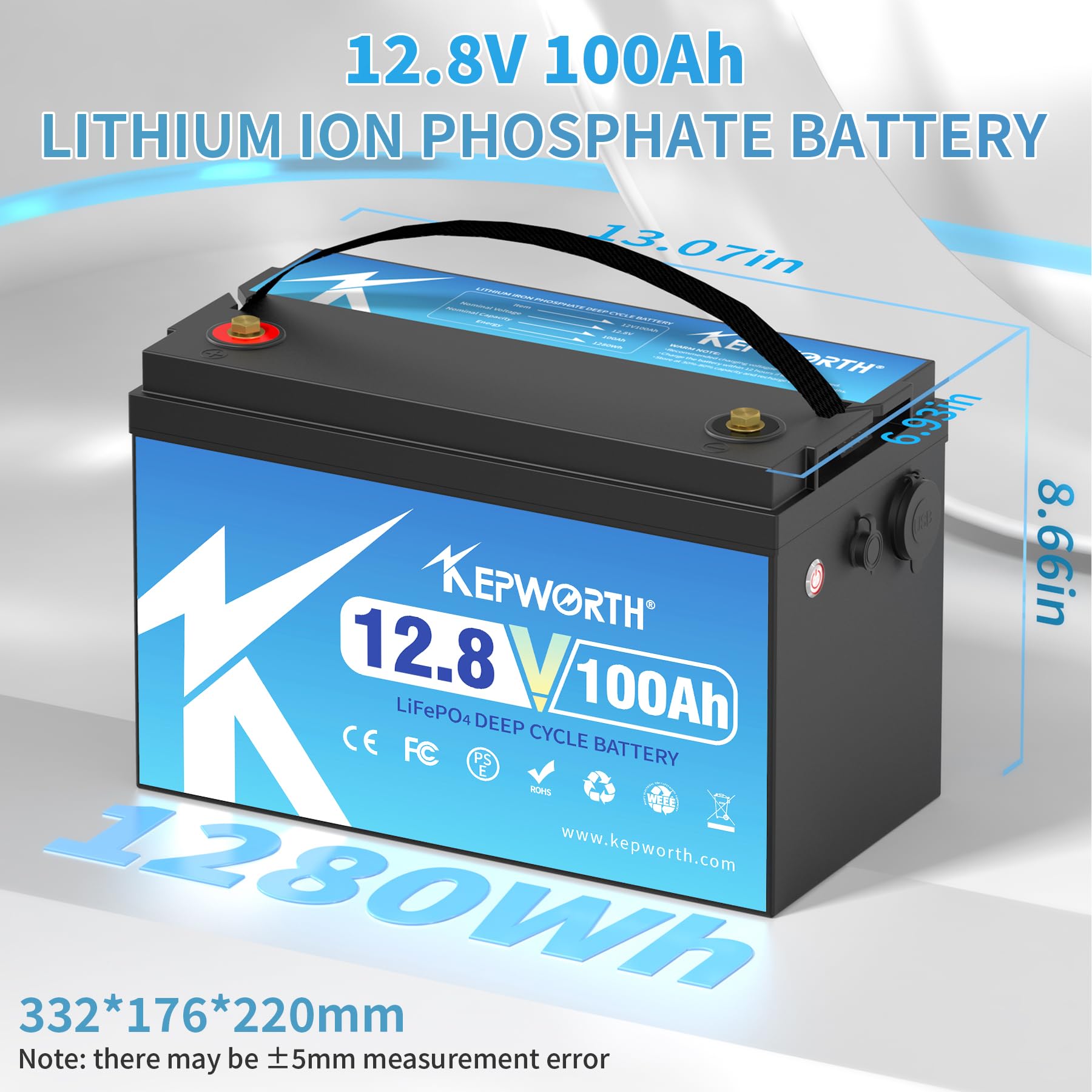 KEPWORTH 12.8V 100Ah LiFePO4 Battery - Rechargeable Lithium with 100A BMS, Ideal for Trolling Motor, Boat, RV, Solar, Backup Use
