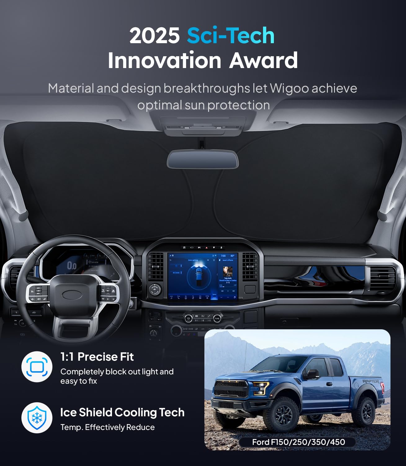 Wigoo For Ford F150/250/350/450 Windshield Sunshade [100% Sun Block, 4Th-Gen Cooling Tech] Foldable Heat Insulation Front Window