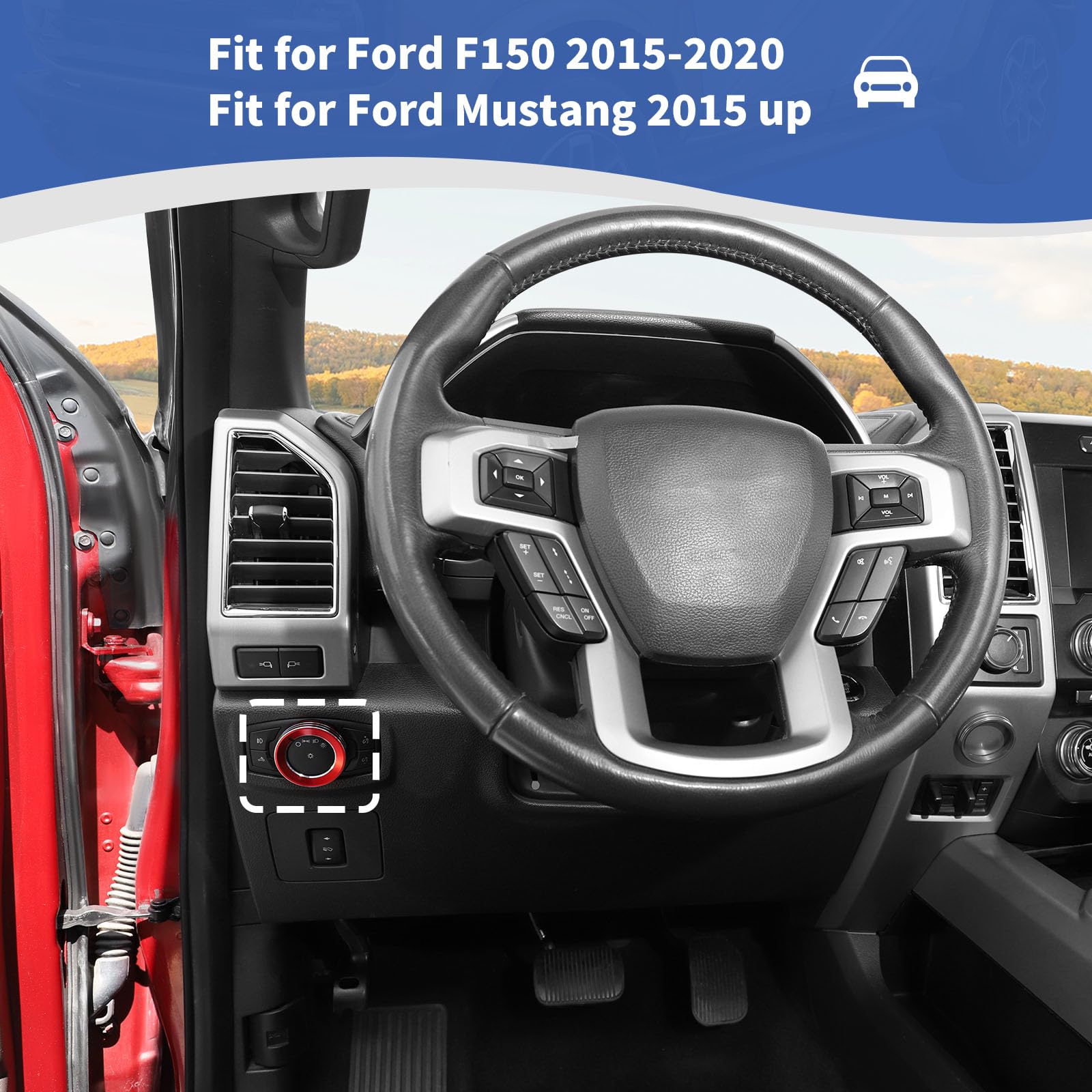 Rt-Tcz For F150 Headlight Switch Knob Ring Trim Cover For Ford F150 Mustang 2015-2020 Red Interior Accessories