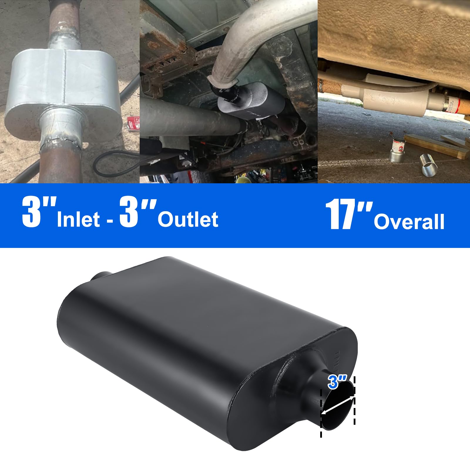 Floshine Universal Mufflers Dual Chamber 3'' Inlet (Id) 3'' Outlet (Id) Overall 17'' Performance Automotive Muffler Exhaust Fh43