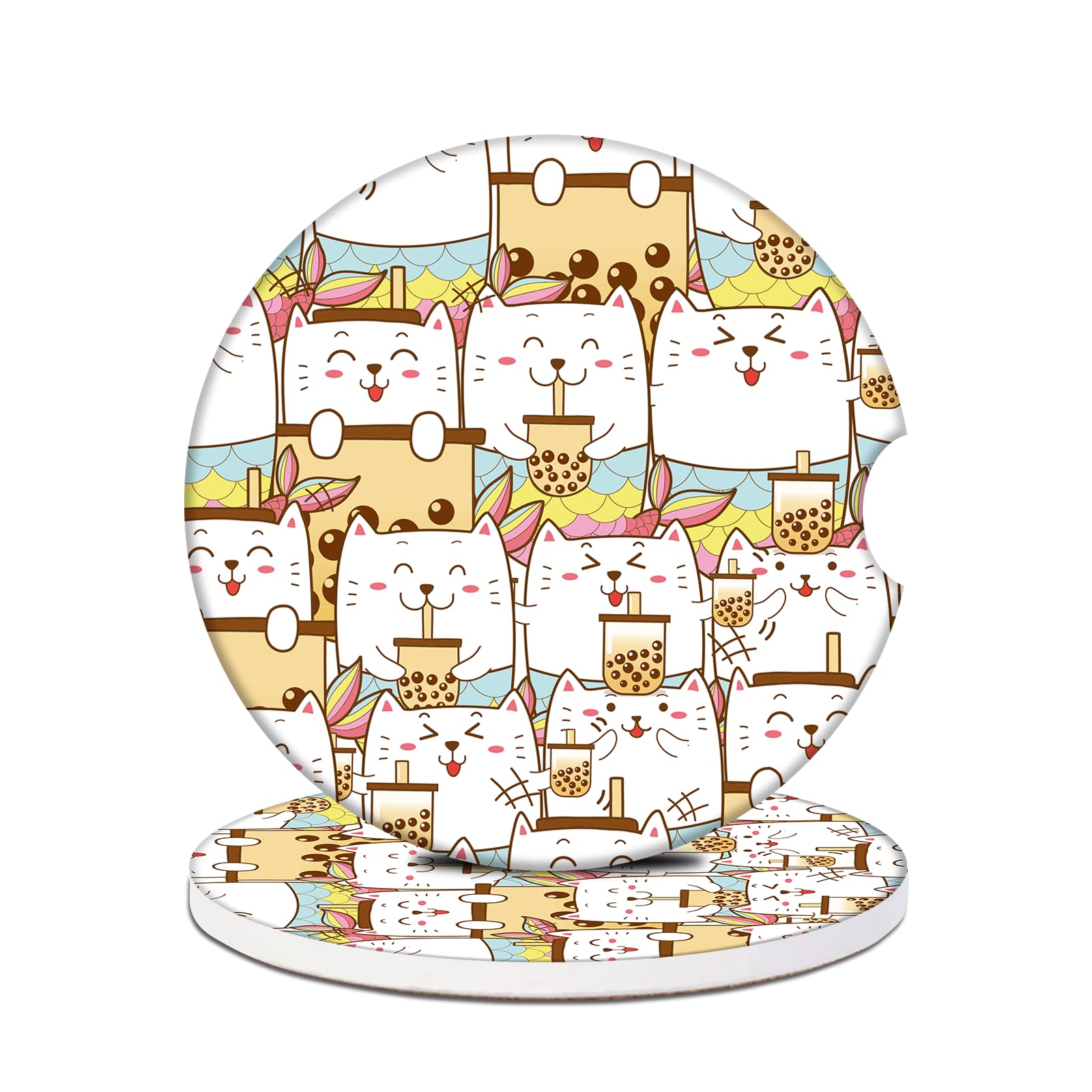 Car Cup Holders Coasters - Cute Cat Absorbent Ceramic Coaster, Cat Lover Drink Cup Holder Coasters, Auto Interior Accessories fo