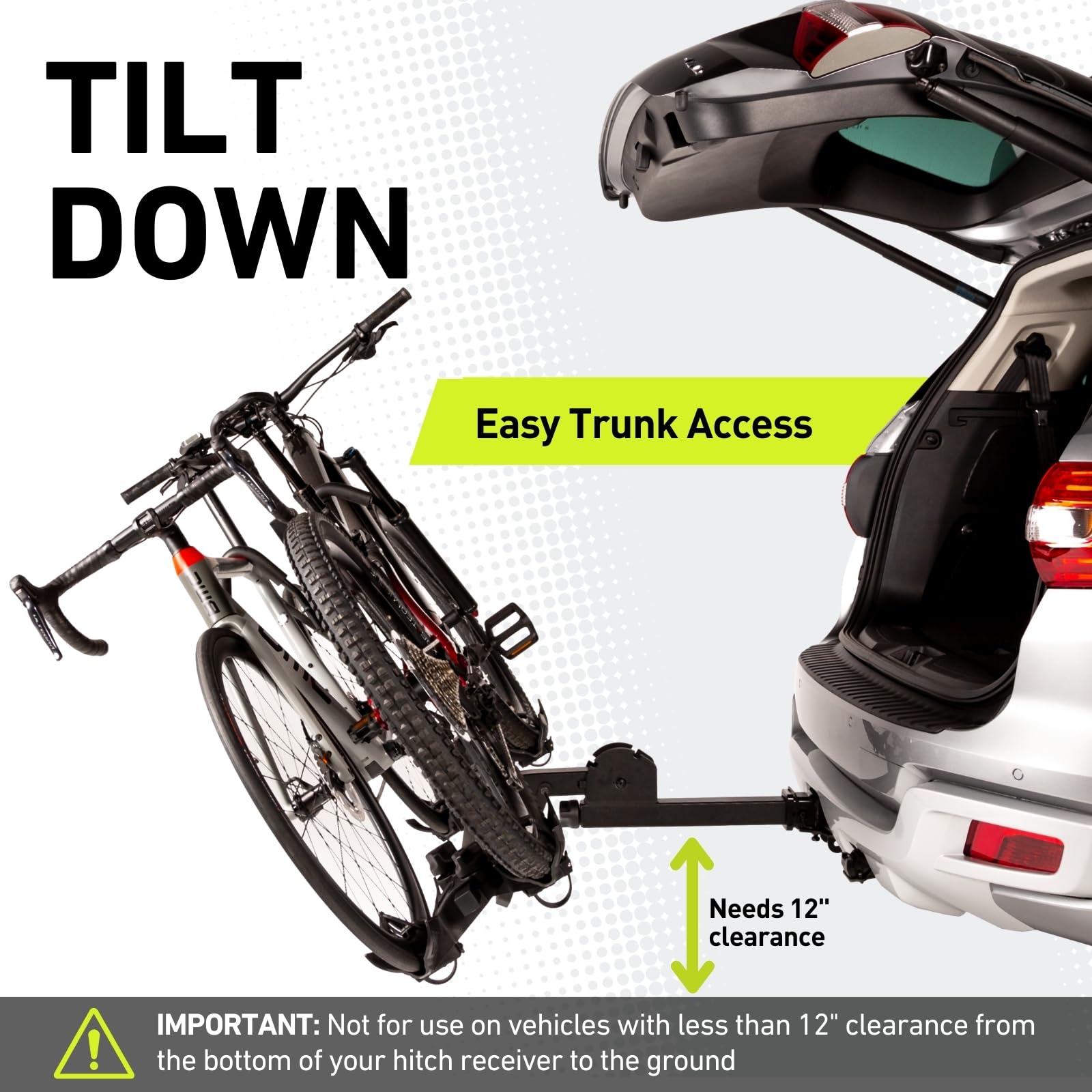 Vibrelli Electric Bike Hitch Rack - 2 Ebike Rack Fits Fat Tire, Mountain Bike, Standard Bicycles - 65Lbs Per Bike - Patented Anti-Wobble - Cars & Suv - Tilt Down/Fold Up Platform - Locking Tow Mount