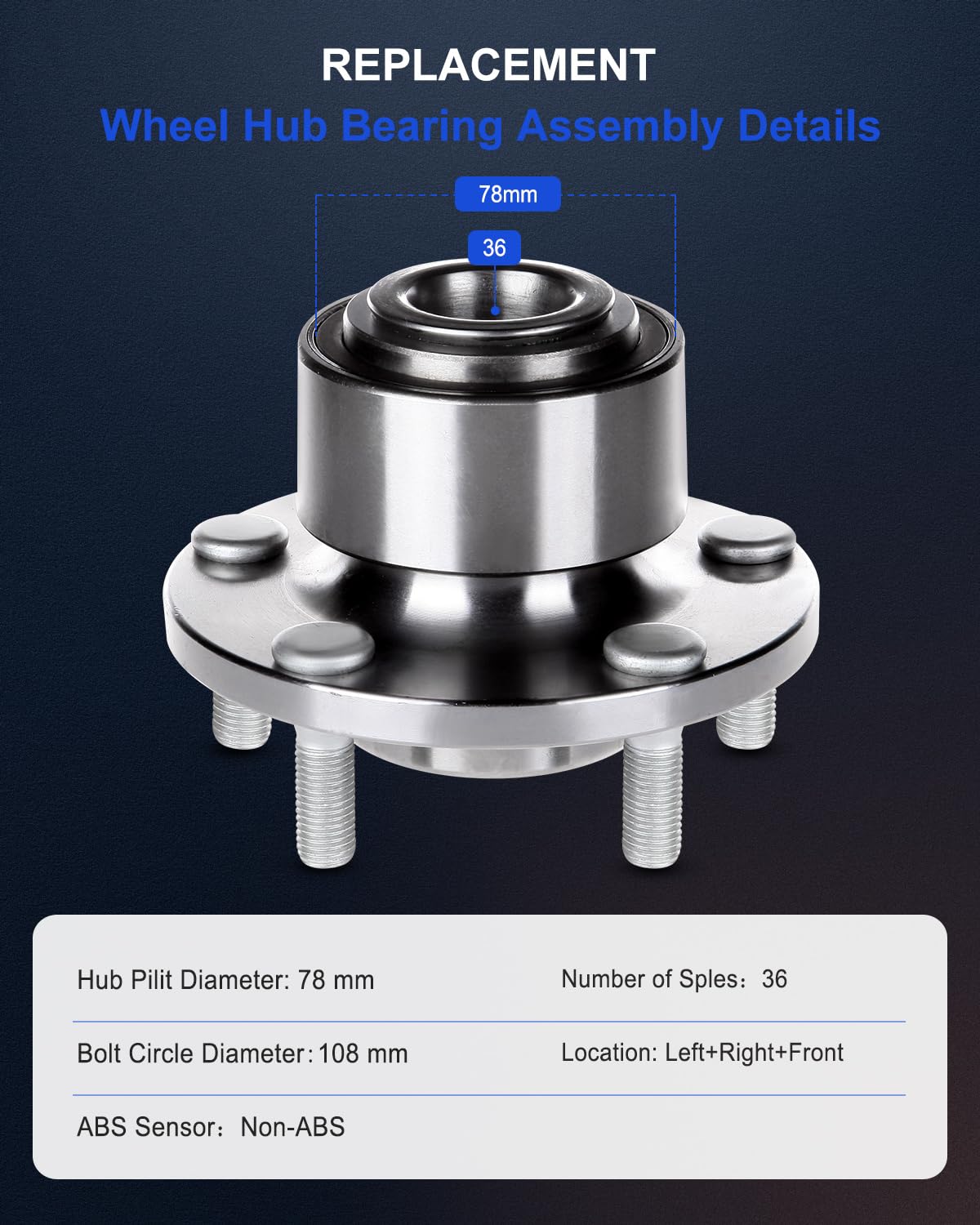 ECCPP 513255 Front Axle 5 Lugs Hub Bearing Assembly for Volvo C30 2008-2009, C70 2006-2009, S40 2004-2009, V50 2005-2009