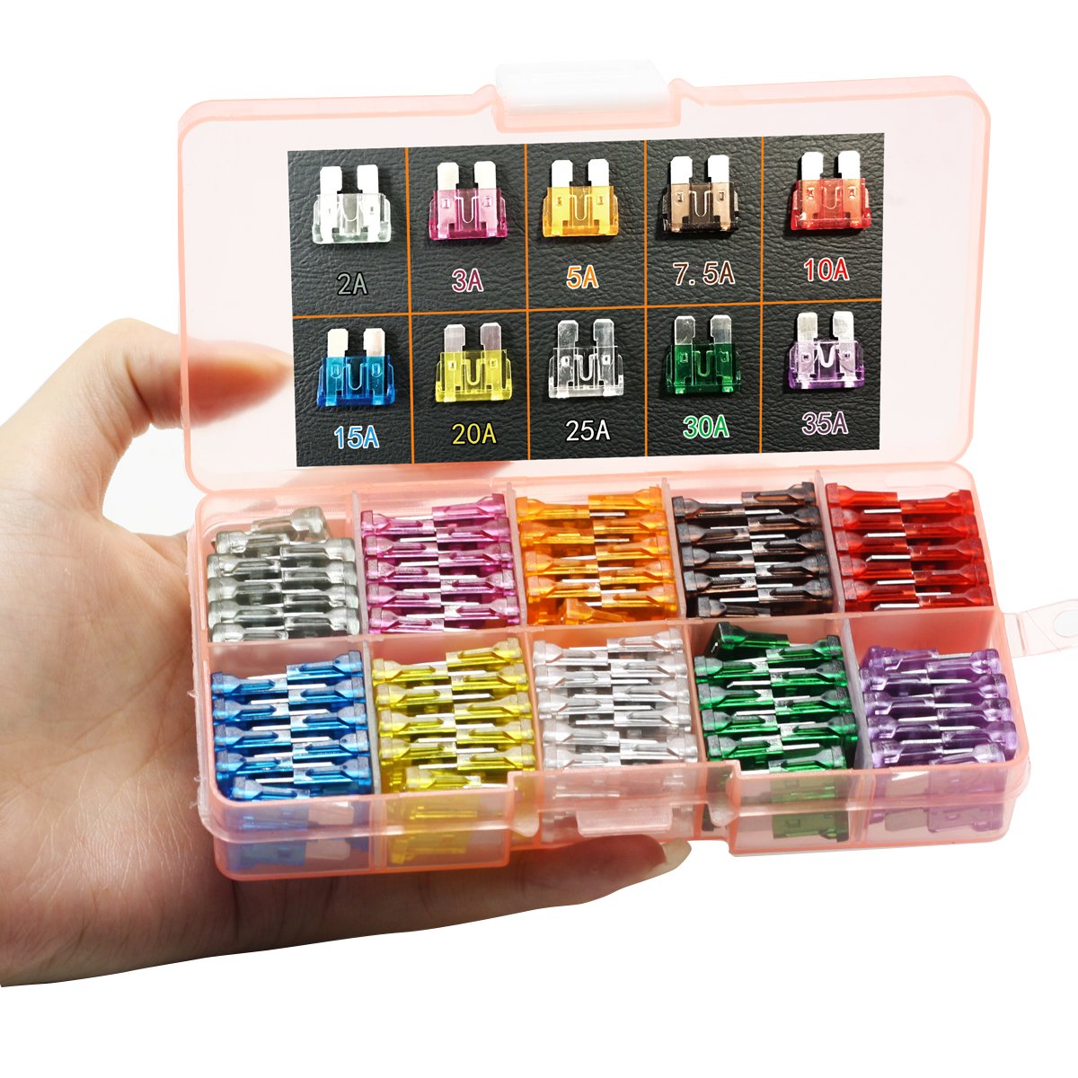 Glowgeek 100Pcs Assorted Auto Car Truck Standard Blade Fuse Assortment 2A 3A 5A 7.5 A 10A 15A 20A 25A 30A 35A Car Boat Truck Suv