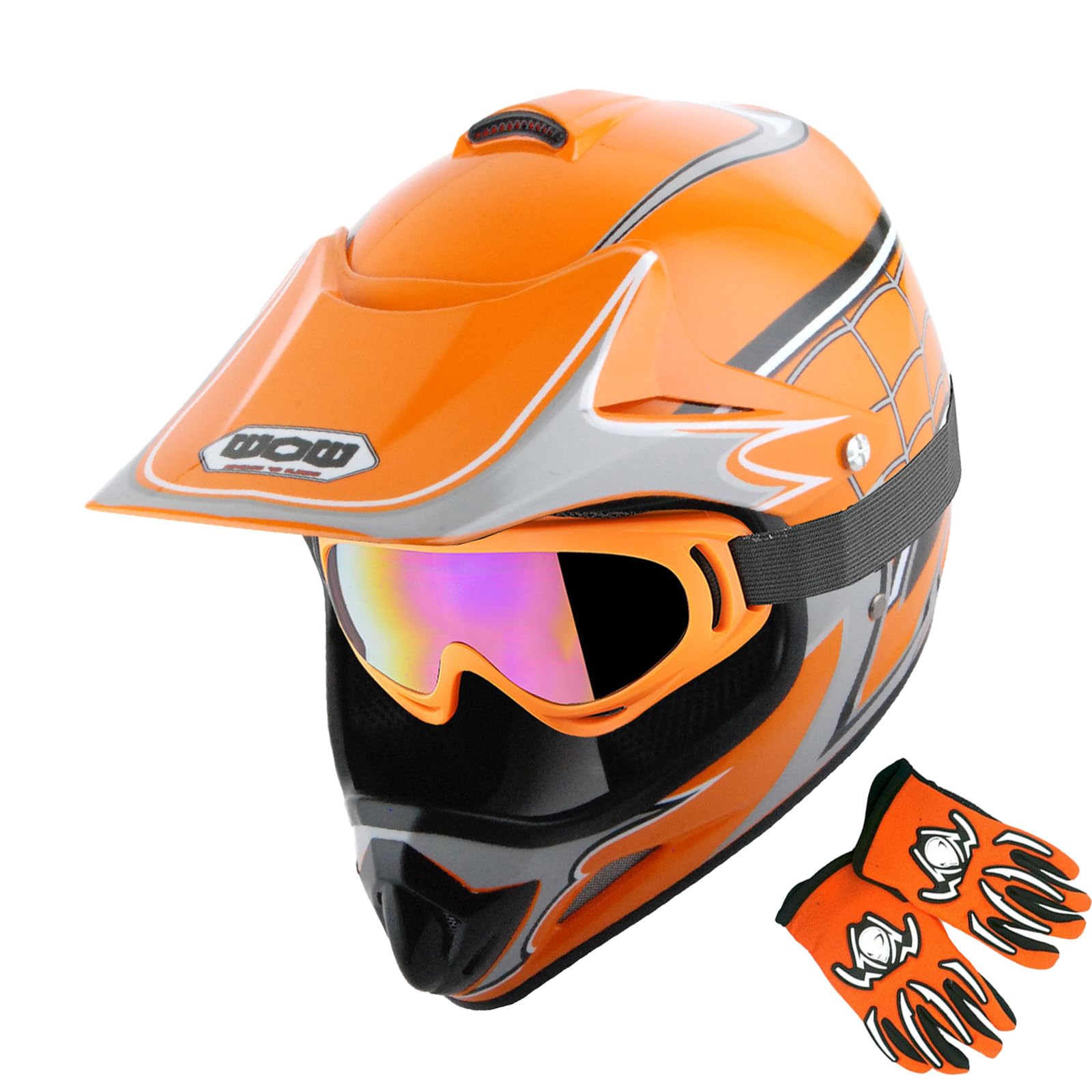 Wow Youth Motocross Helmet Bmx Mx Atv Dirt Bike Helmet Spider Web Orange + Goggles + Martian Skull Orange Glove Bundle