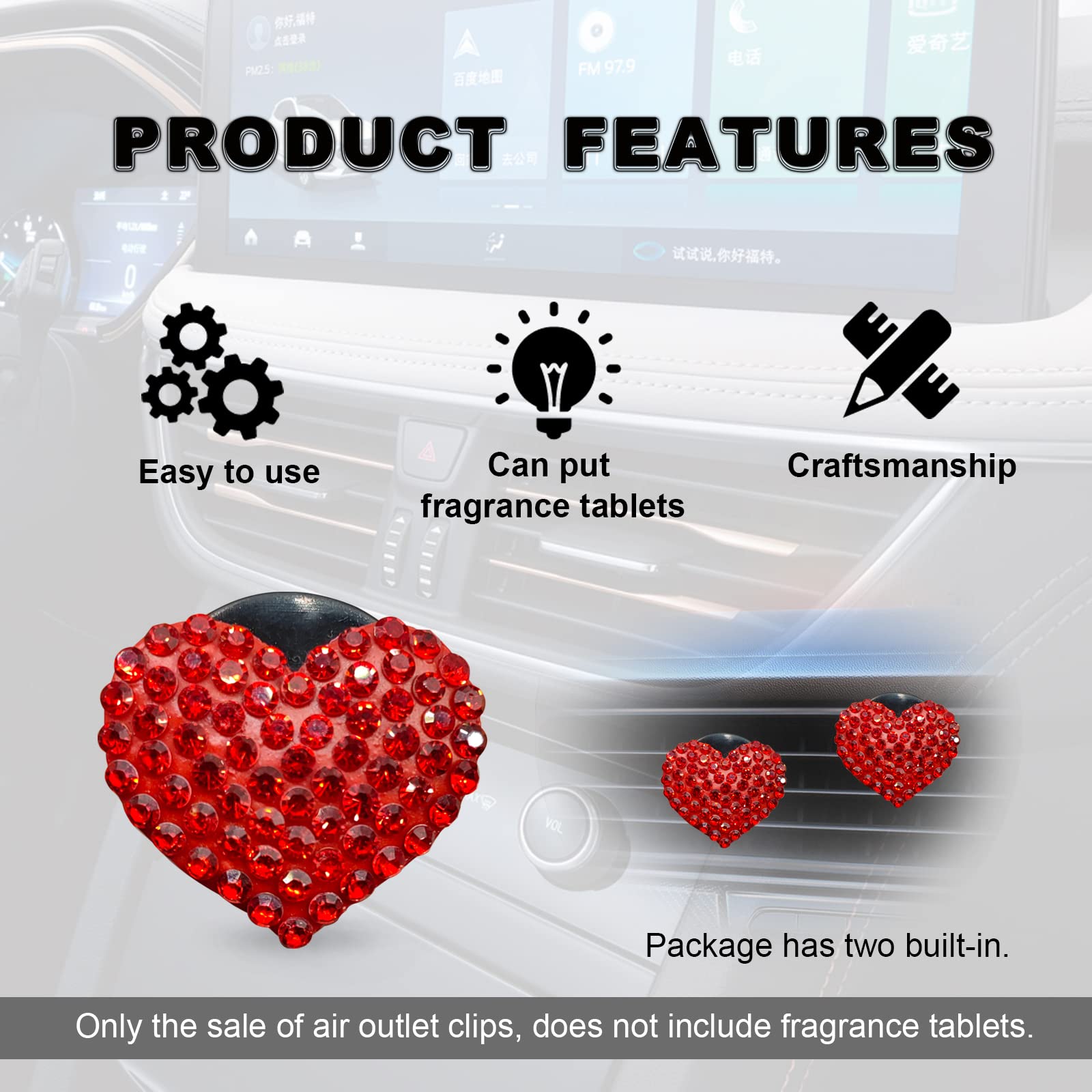 2Pcs Bling Crystal Heart Charms Car Air Vent Clips, Universal Car Interior Decoration Accessories (Red)