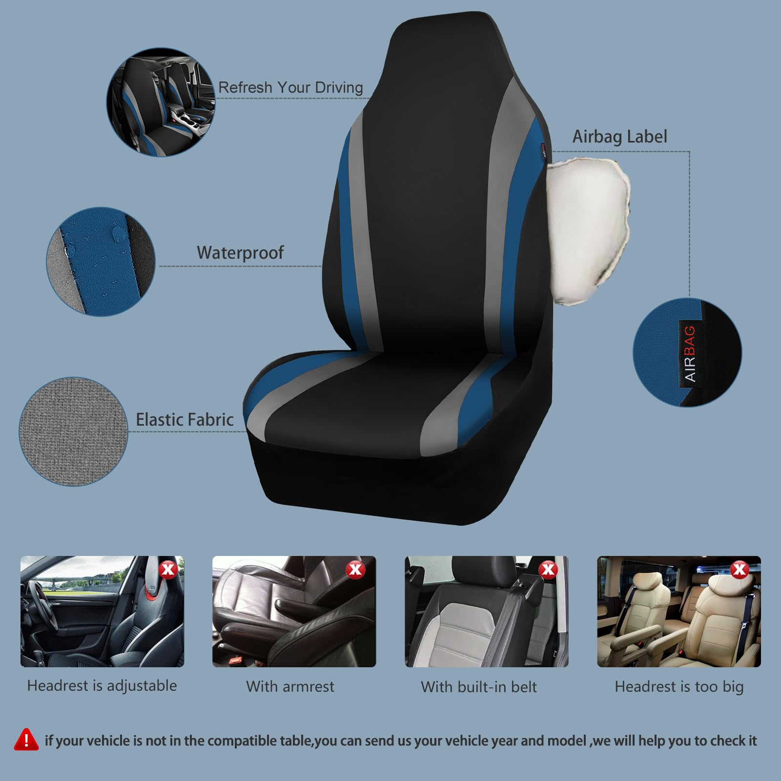 Car Pass Aquashield Neoprene Waterproof Car Seat Covers For Front Seats Only, High Back Bucket Seat Cover,Airbag Compatible, Lin