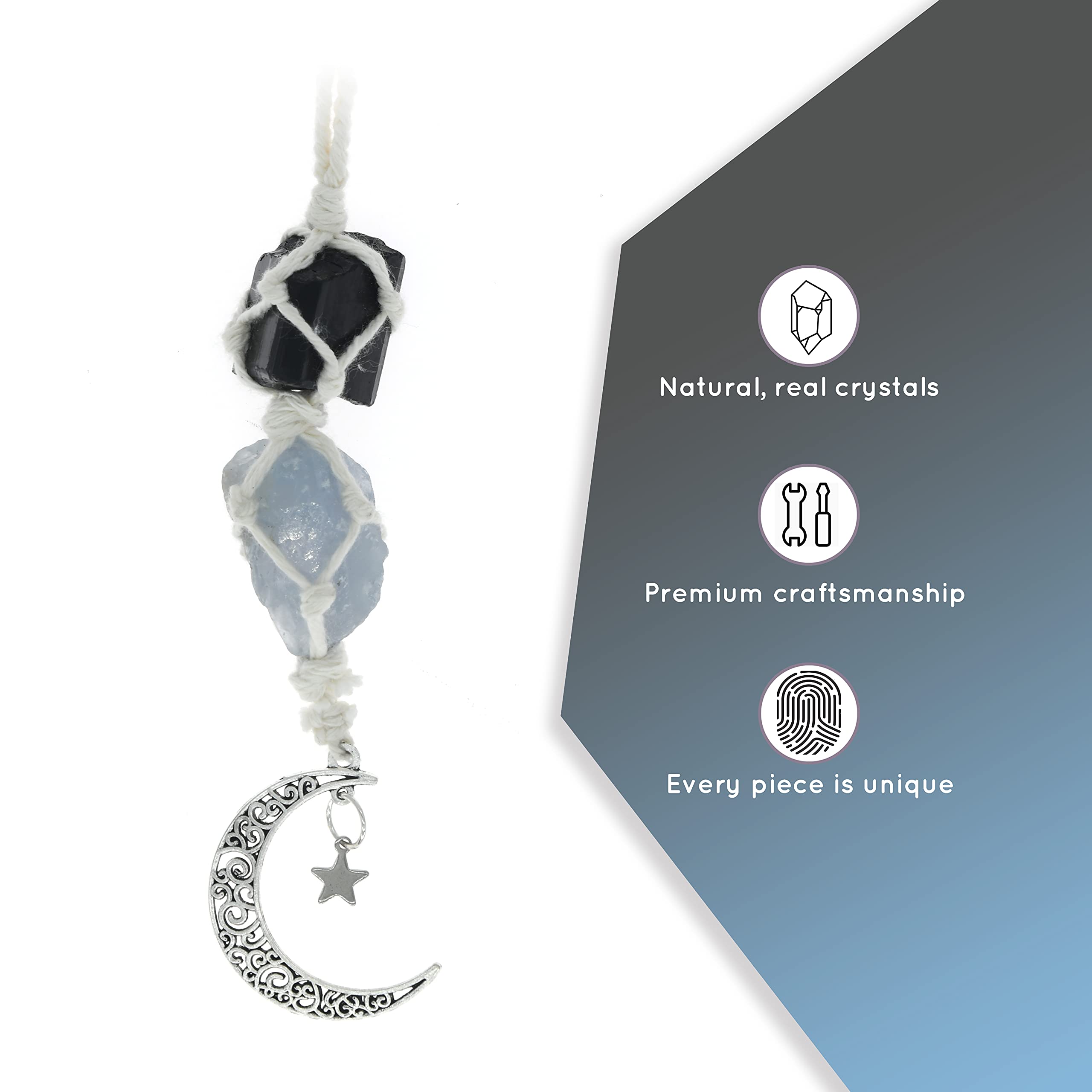 Boho Garden Hanging Car Charm - Black Tourmaline & Blue Calcite - Dangling Moon & Healing Crystal Accessories, Rearview Mirror Decorations - Confidence, Calmness, Creativity, Protection, Communication