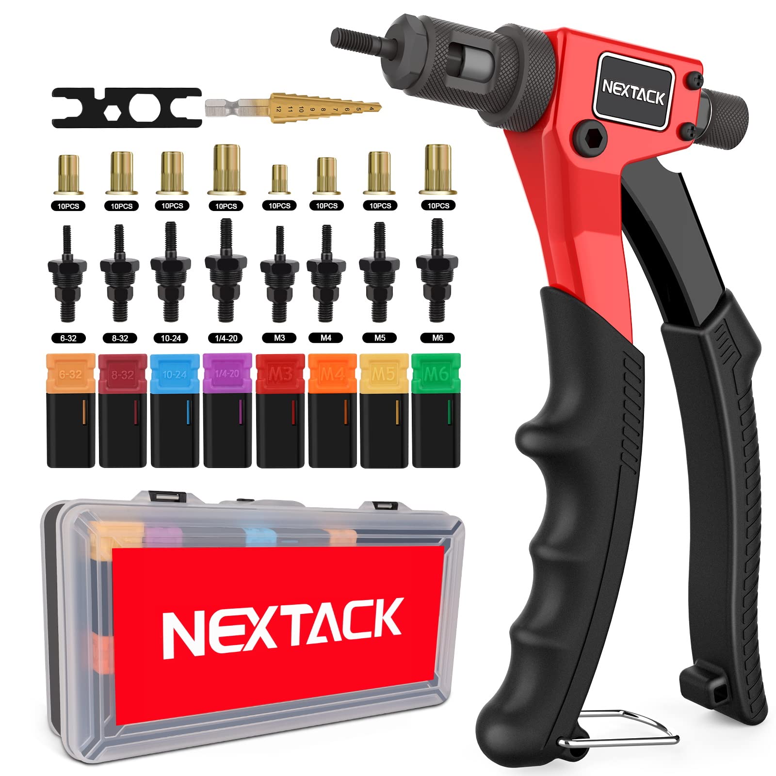 Nextack Rivet Nut Tool Rivet Nut Kit With A Step Drill Bit & 80 Nutserts For One-Handed In Tight Space, 8'' Rivnut Tool With 8 M