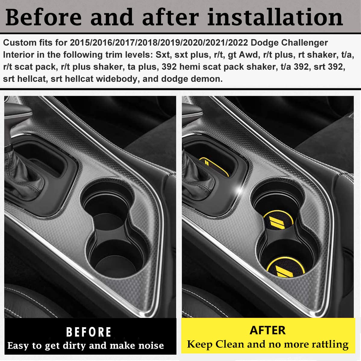 Auprite Anti Dust Mats For Challenger Accessories 2015-2021 2022, Custom Cup Holder Liners Mats Door Pocket Center Console Liners (Yellow/11Pcs)