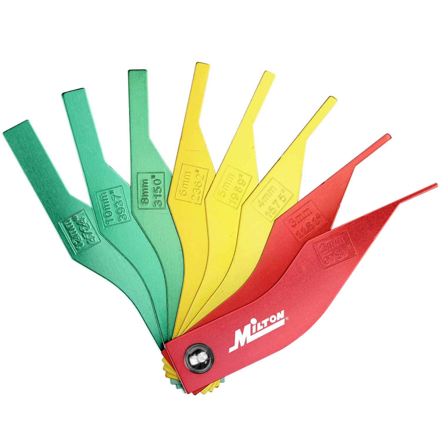 Milton 942: 8-Piece Manual Brake Pad Gauge Metric/Sae Tool Set, Easy To Read Color Coded - 2Mm To 12Mm