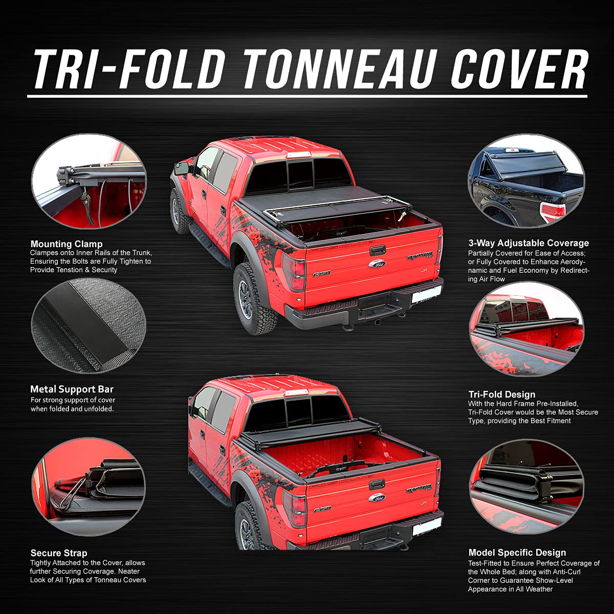 Dna Motoring Truck Bed Soft Tri-Fold Adjustable Tonneau Cover Compatible With 09-18 Ram 1500 5.7Ft Fleetside Bed, Ttc-Trisoft-01