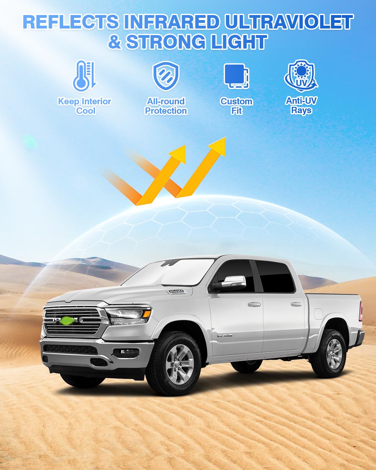 Canvcle Sunshades For Dodge Ram 1500 2019-2024 2025 Accessories Windshield Sun Shade Side Rear Window Shade Cover Sun Visor Shie