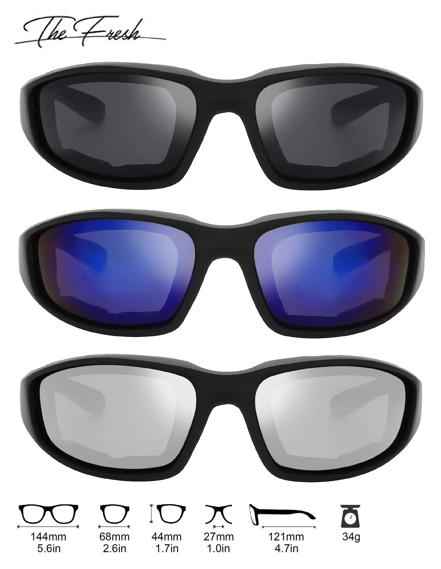 The Fresh Motorcycle Riding Glasses Padded Frame Lens Block 100% UVB for Outdoor Activity Sport (1403-Matte Black, Grey, Blue Mi