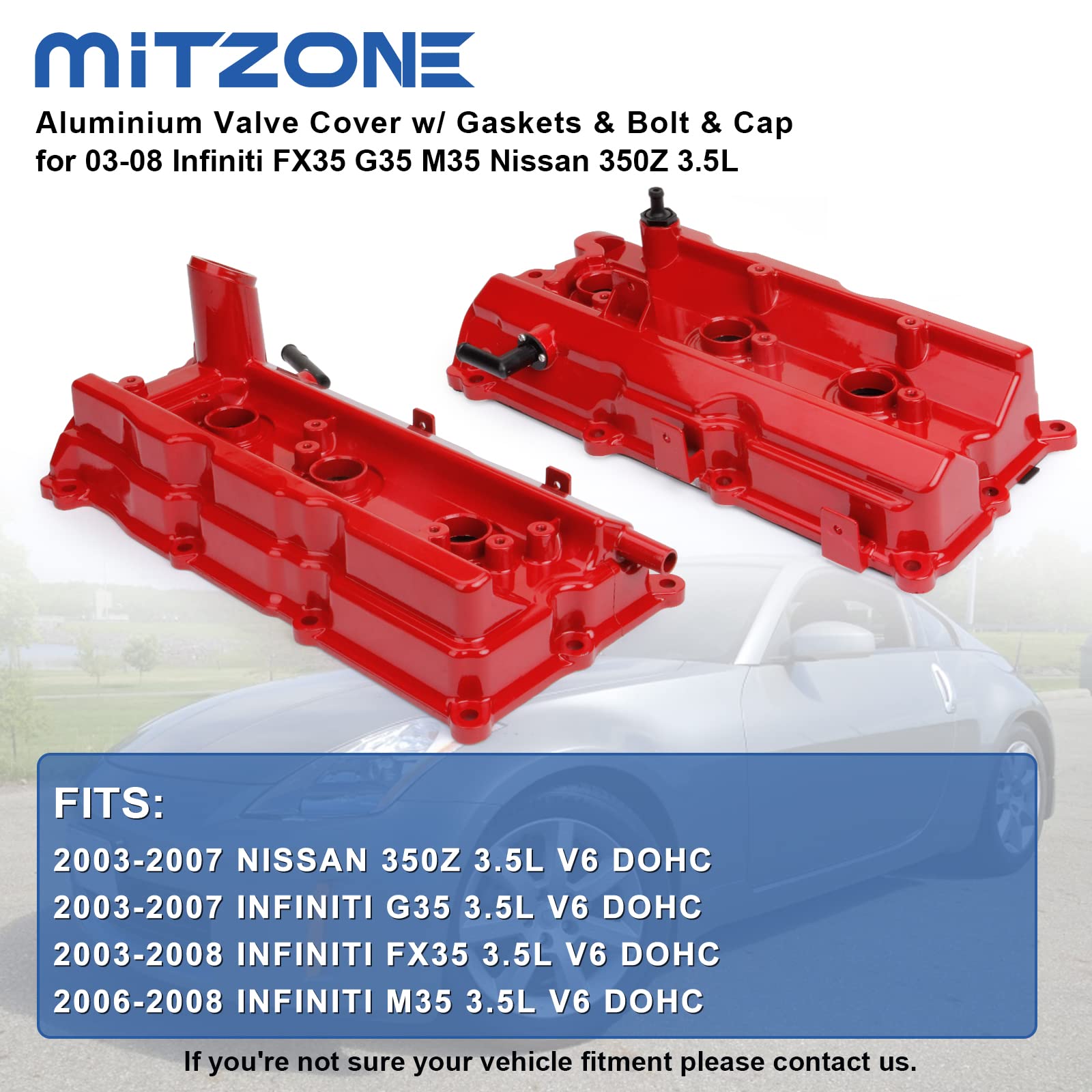 MITZONE Aluminum Valve Covers for 2003-2008 Nissan 350Z & Infiniti G35, FX35 - Upgraded Red, Models 13264AM600/13264AM610