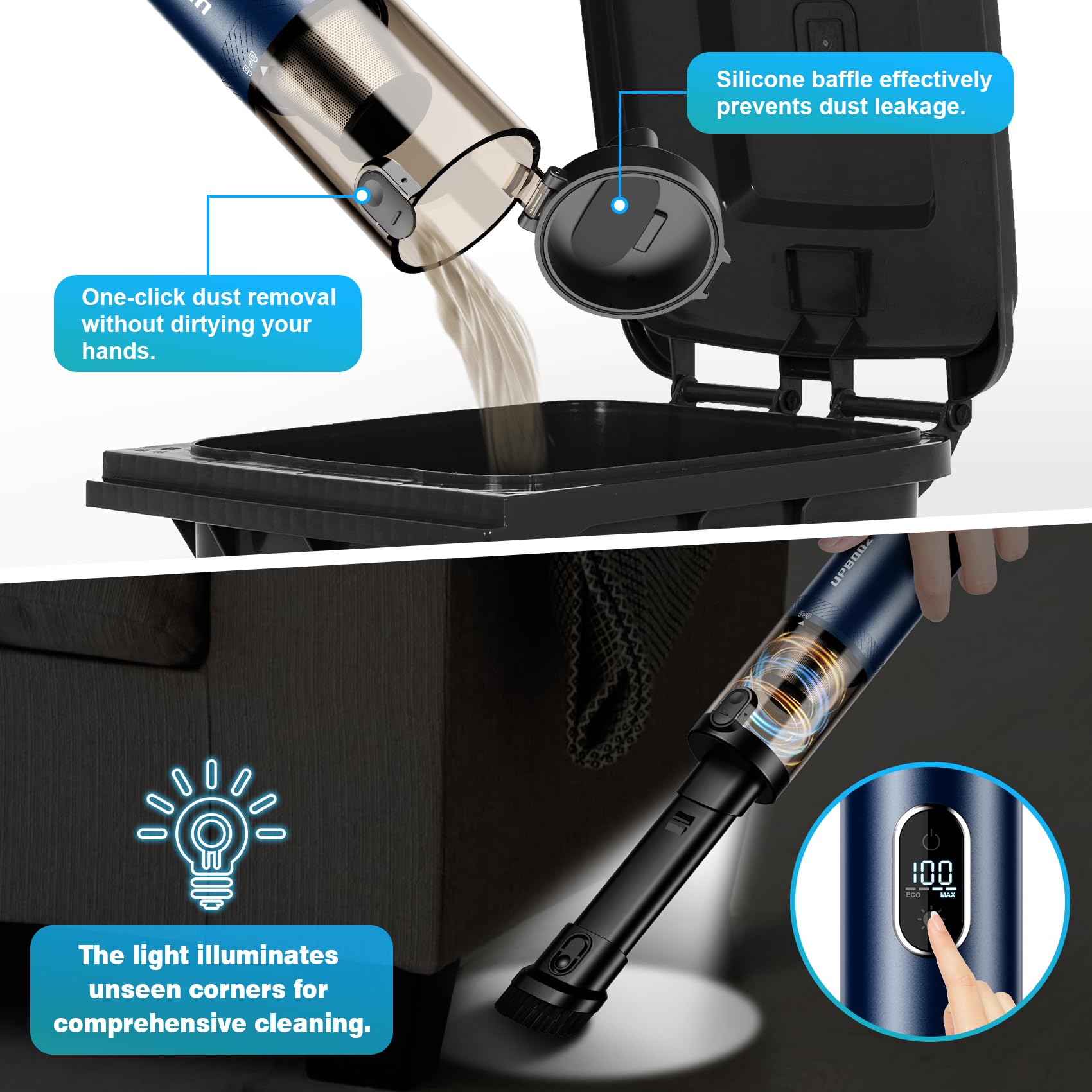 Car Vacuum, Portable Handheld Vacuum Cordless, 14000Pa Powerful Suction Vacuum Cleaner With Led Light And Air Duster 2 In 1,Low